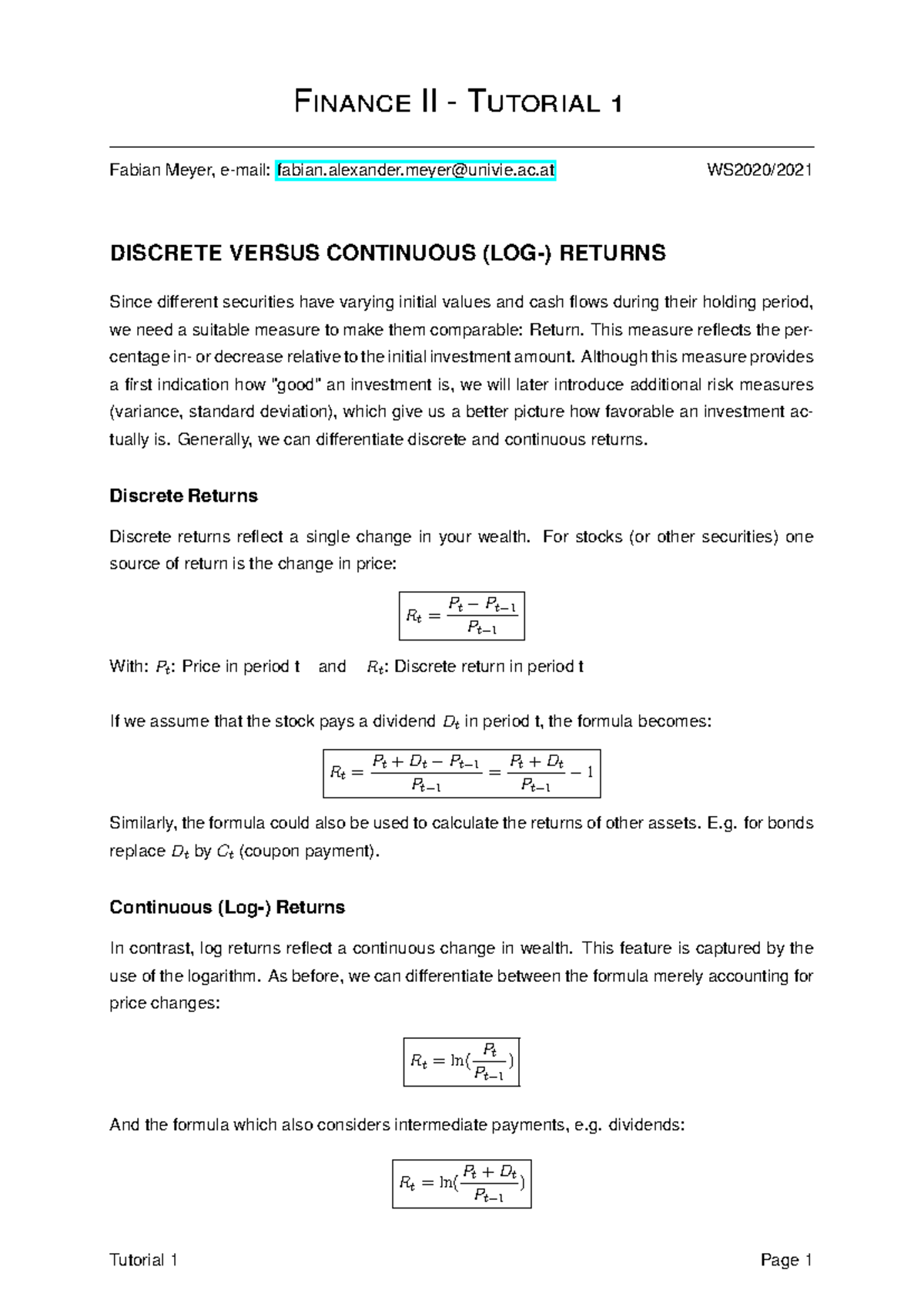Finance II Tutorial 1: Discrete vs Continuous Returns Analysis - Studocu