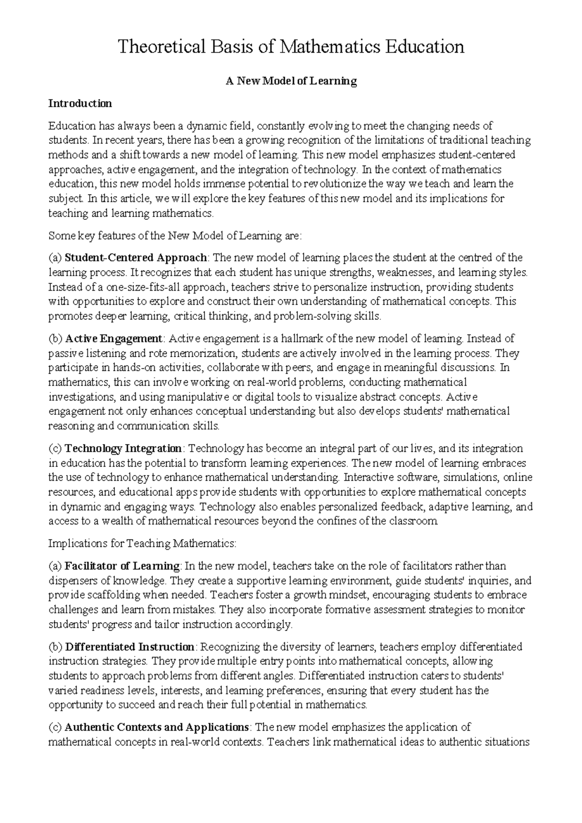 A New Learning Model in Mathematics Education: Implications and ...