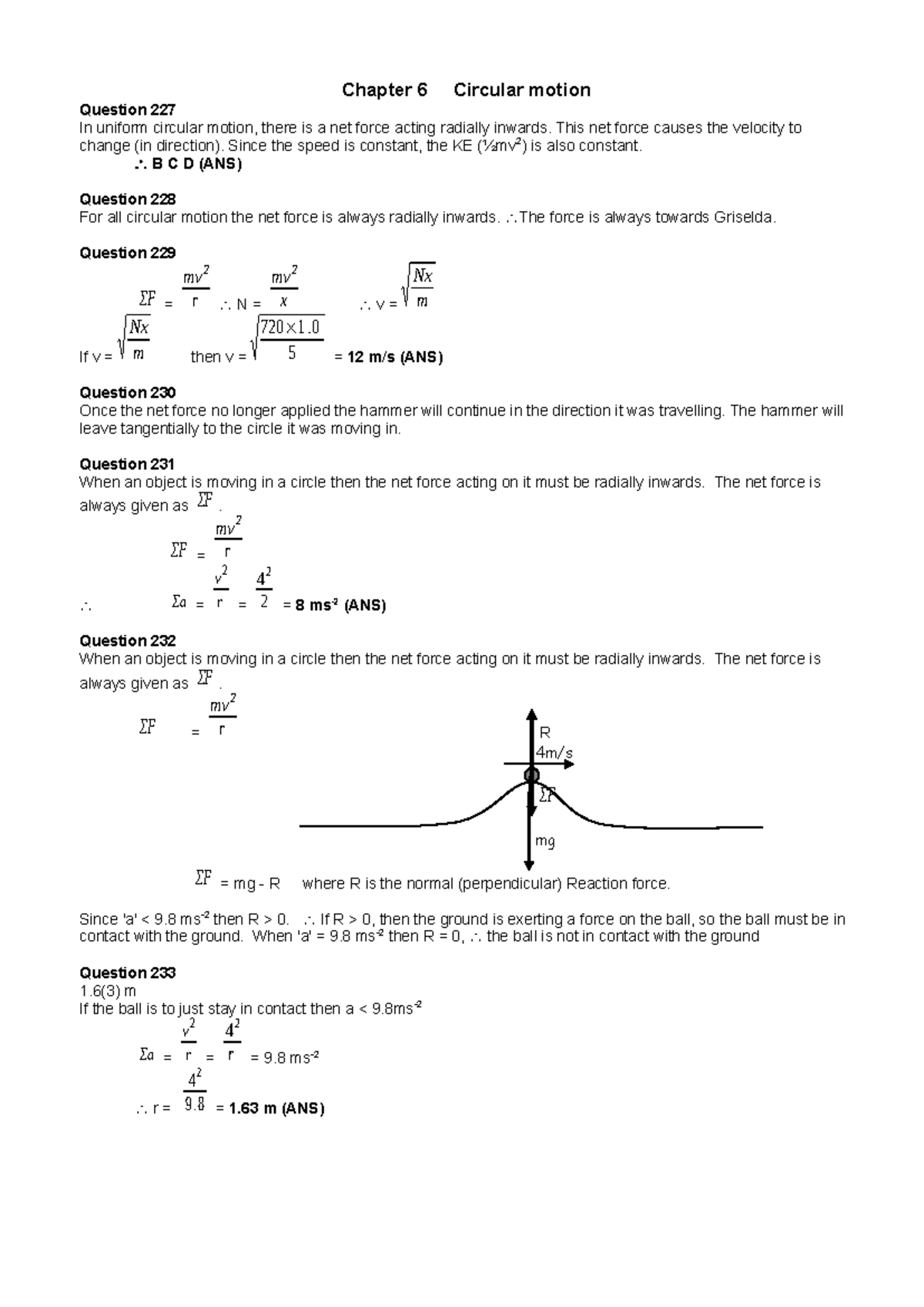 Chapter 6 Circular Motion Solutions: Questions 227-279 Analysis - Studocu
