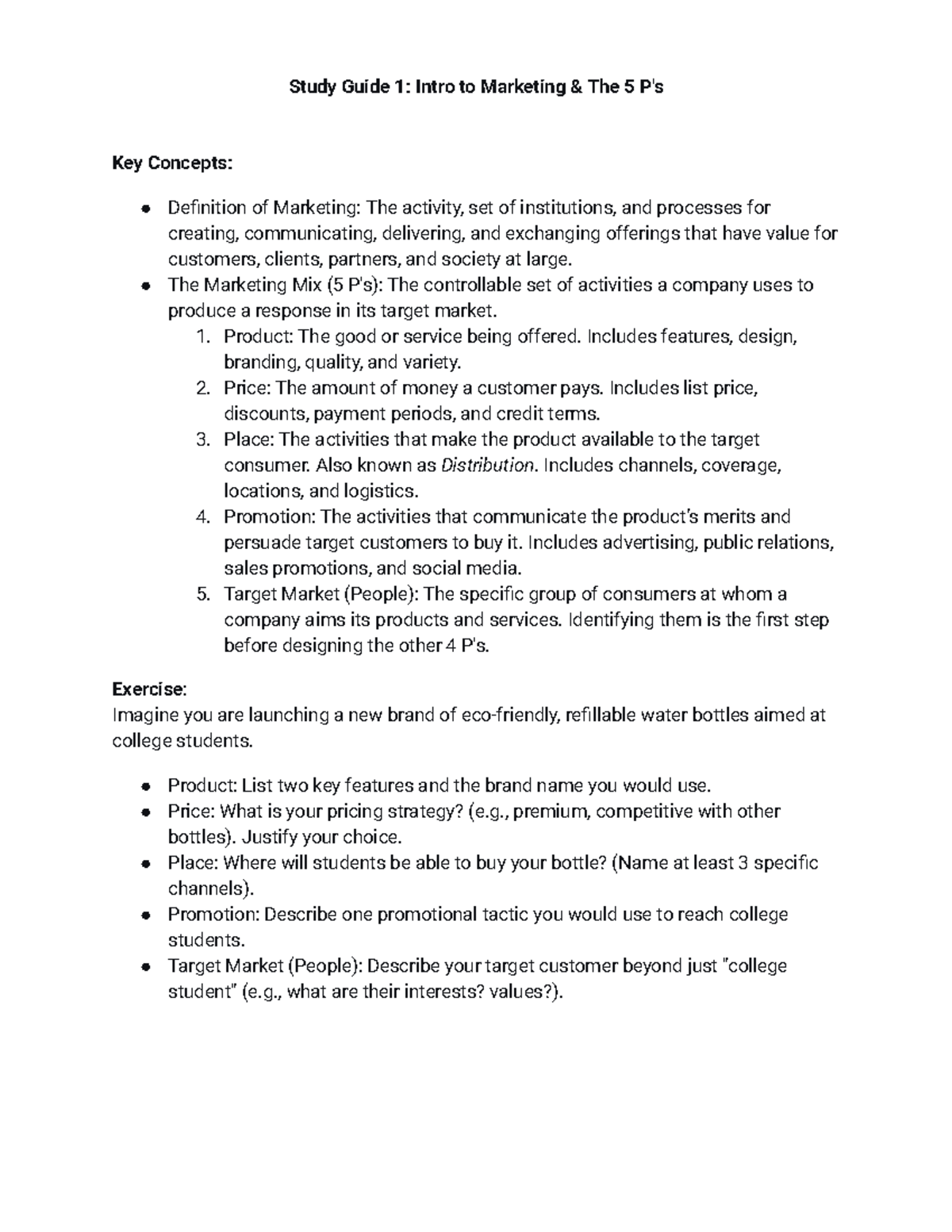 Study Guide 1: Intro to Marketing & The 5 P's Explained - Studocu