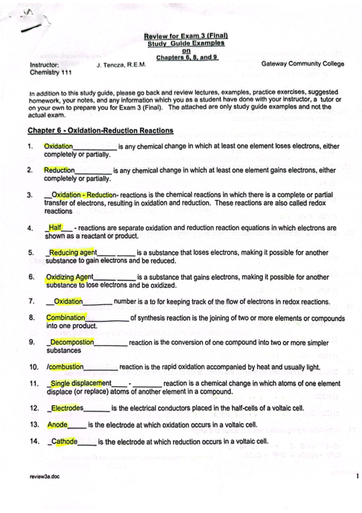Review Guide for Exam 3 (Final) on Chapters 6, 8, and 9 Chemistry - Studocu