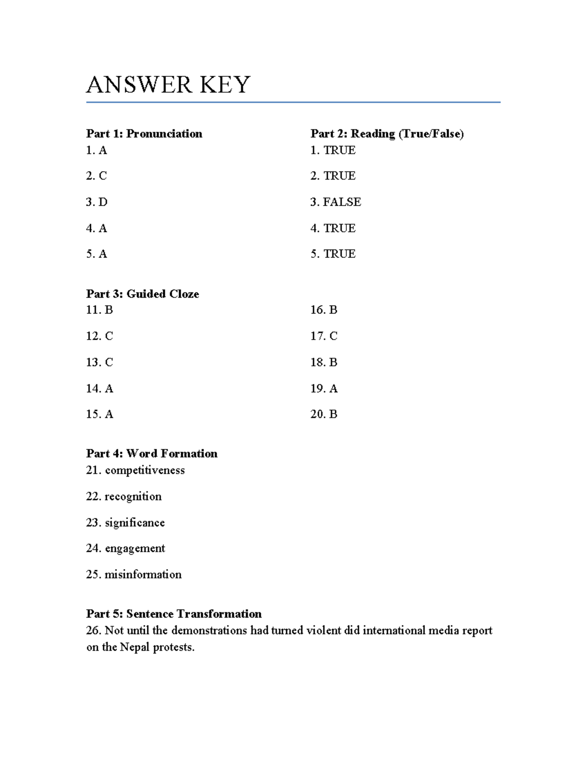ANSWER KEY: TEST 2-6 - Pronunciation, Reading, and More - Studocu