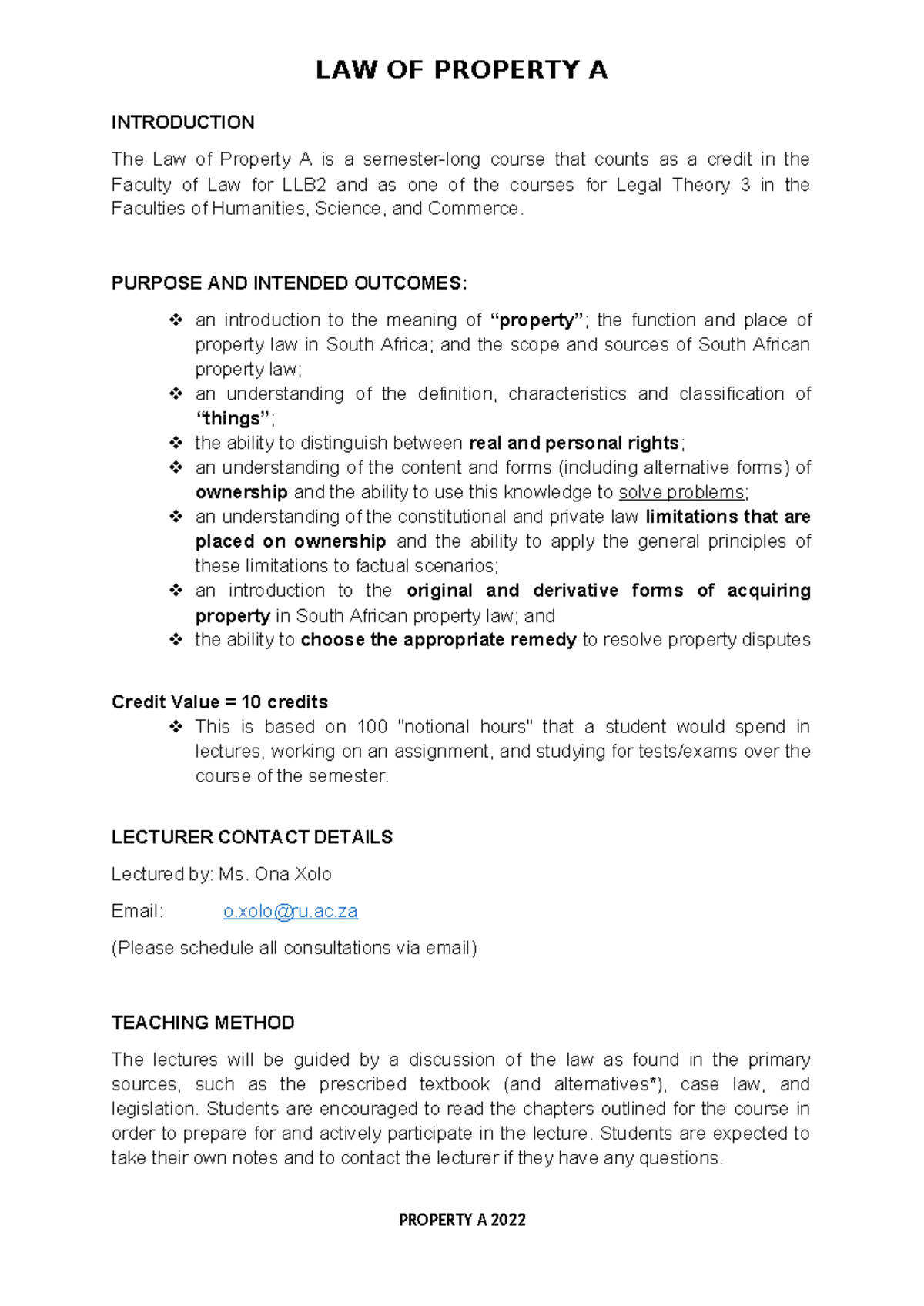 LAW OF PROPERTY A - Course Outline for 1st Semester 2022 - Studocu