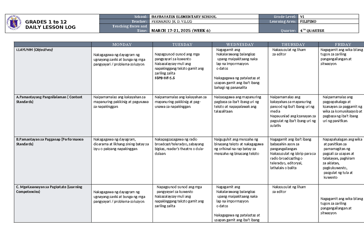 DLL Filipino-6 Q4 W6 - Lesson Plans and Activities Overview - Studocu
