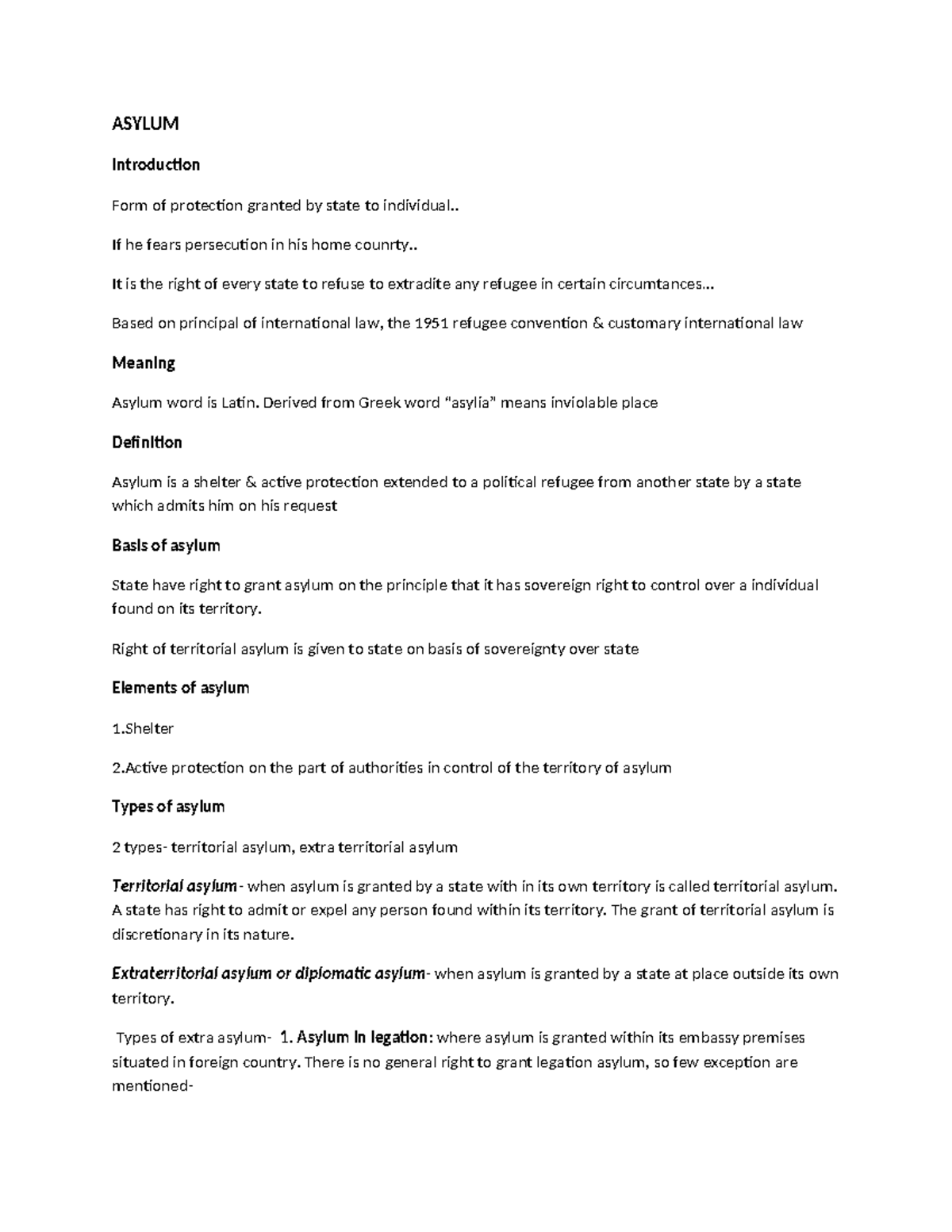 Asylum - ASYLUM Introduction Form of protection granted by state to ...