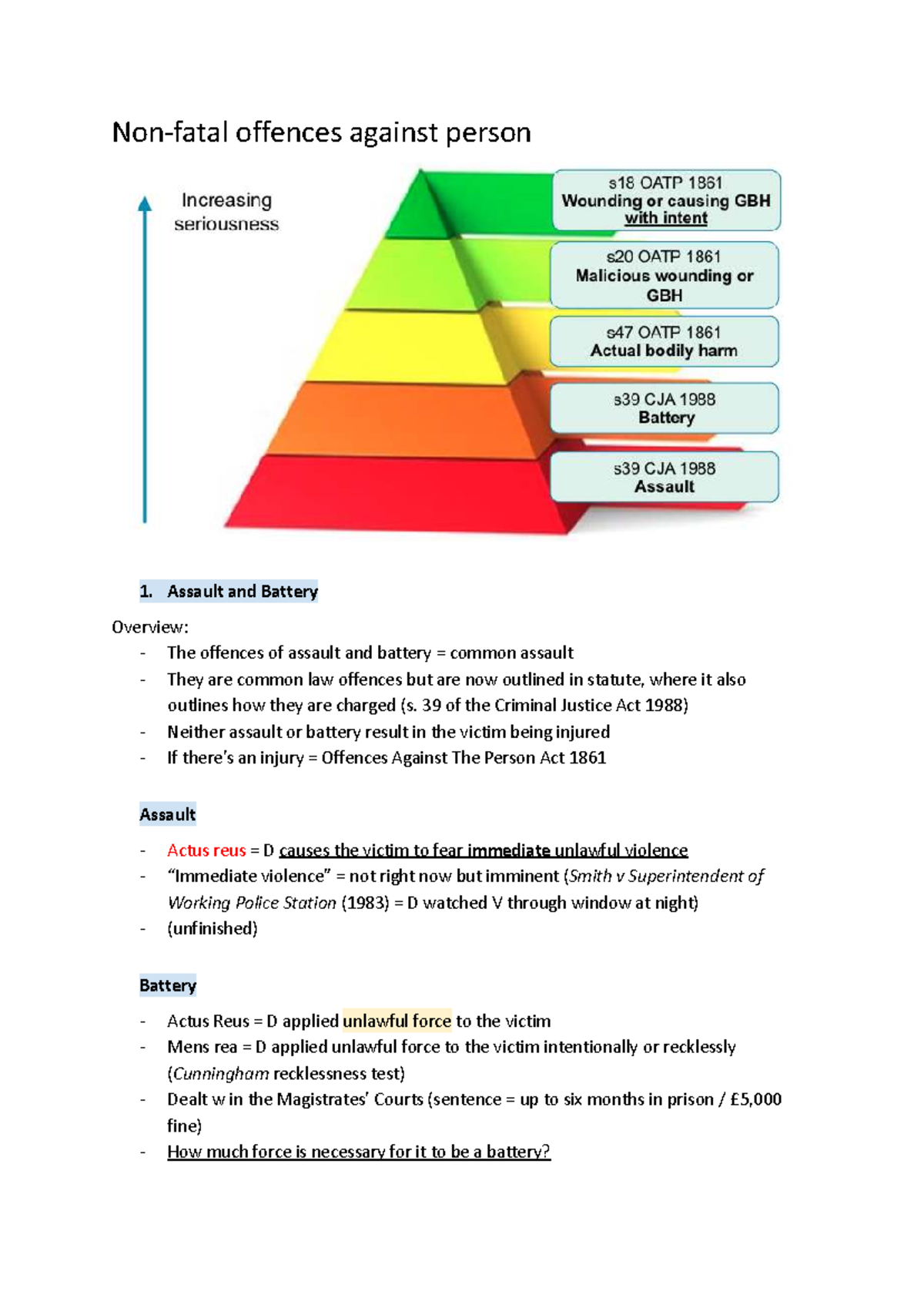 Criminal Law - Offences Against the Person: Assault & Battery Overview ...