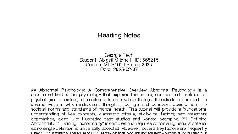 MUS101 Spring 2023: Abnormal Psychology Overview & Key Concepts - Studocu