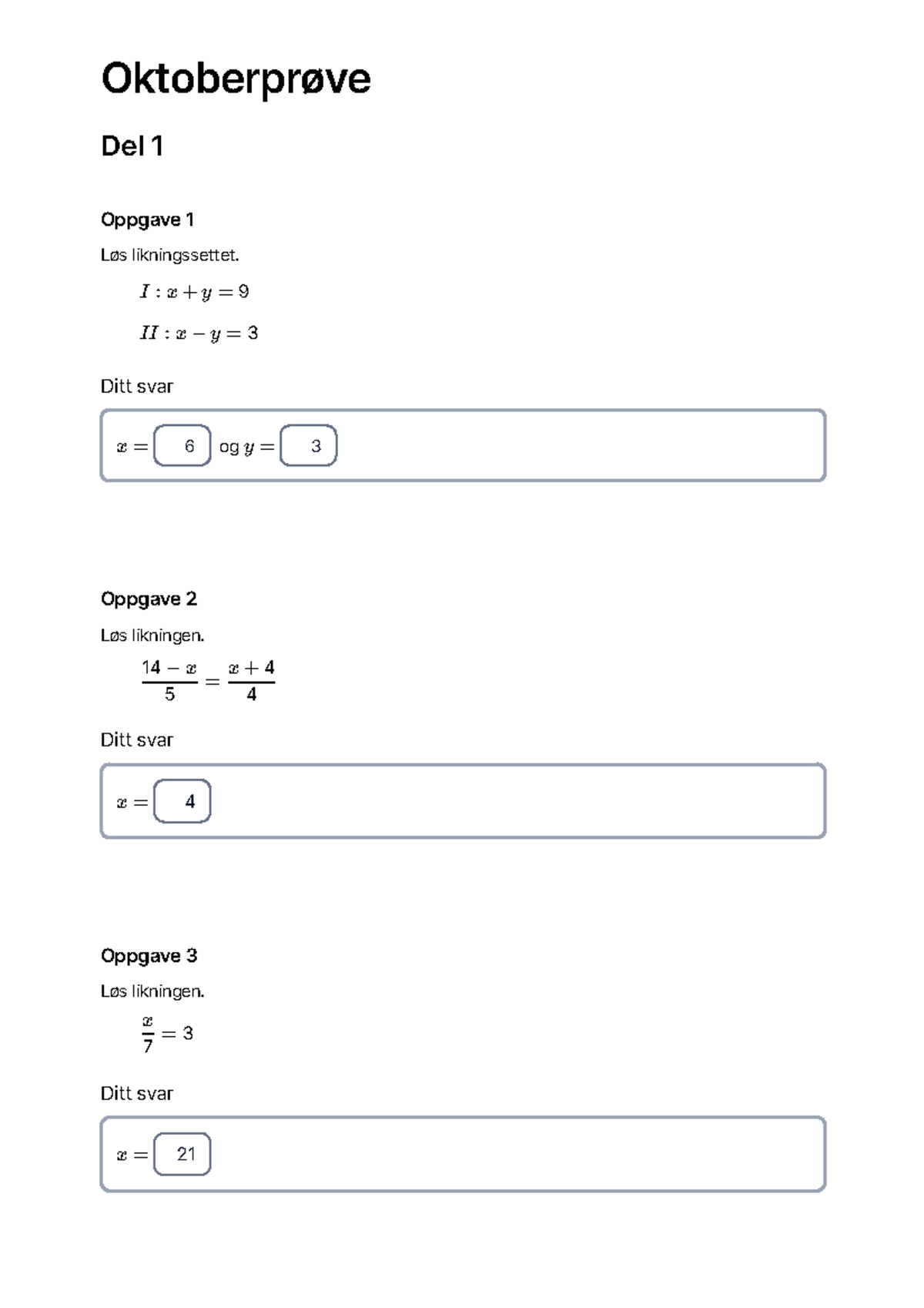 Oktoberprøve Del 1: Løsning av Likninger og Problemer - Studocu
