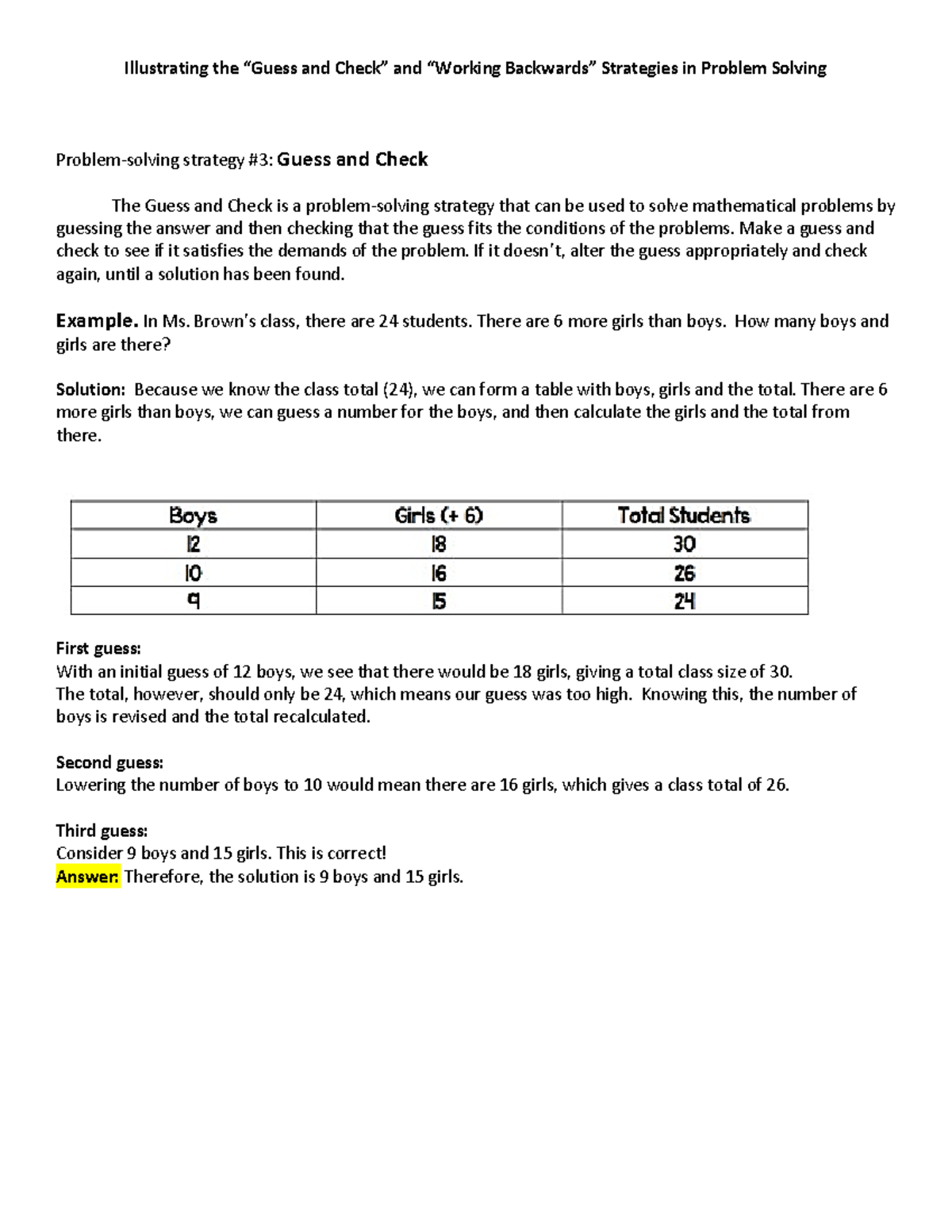 "Math Strategies: Guess and Check & Working Backwards in Problem ...