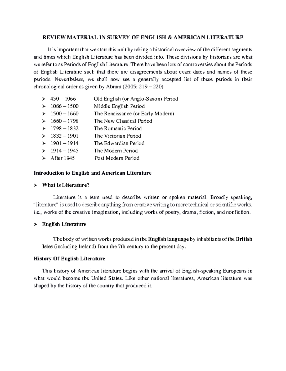 Review Material: Survey of English & American Literature Overview - Studocu