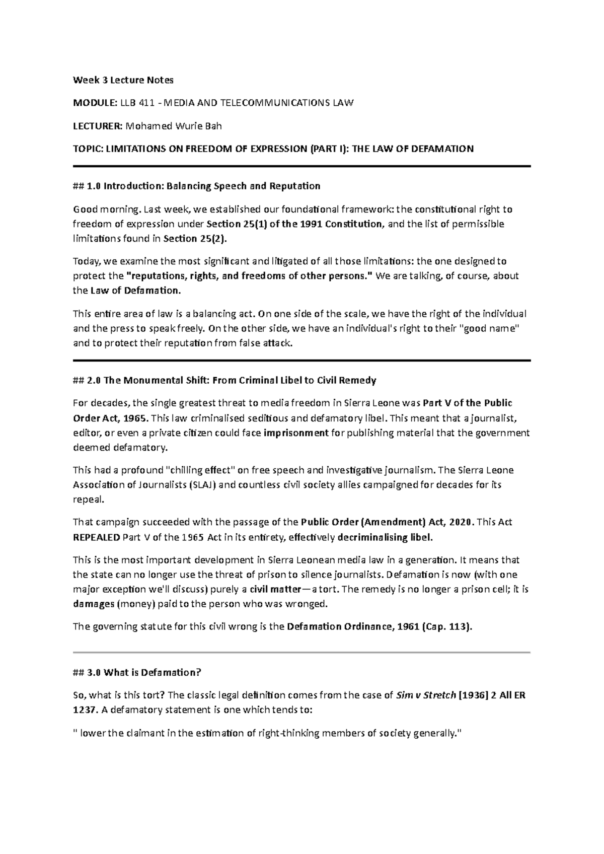Week 3 Lecture Notes: LLB 411 - Limitations on Freedom of Expression ...