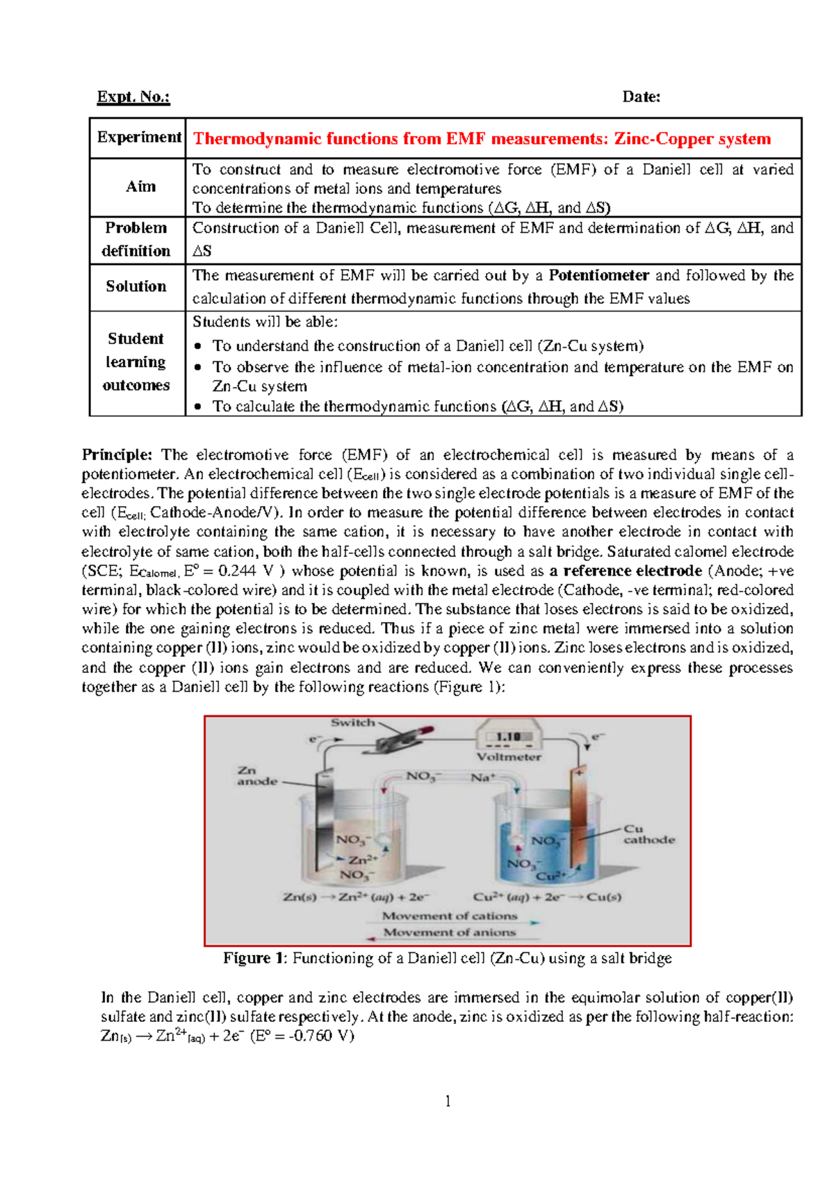 EXP-1 Thermodynamic Functions Derived from EMF in Daniell Cell - Studocu