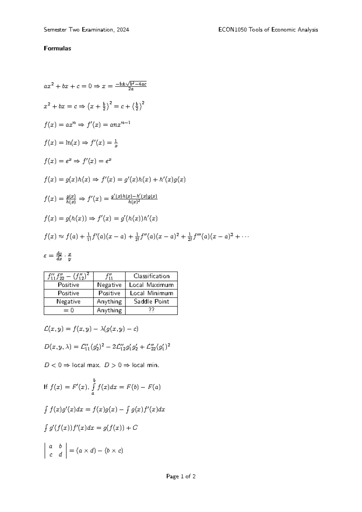 Semester two examination 2024 ECON1050 formula sheet for economic ...
