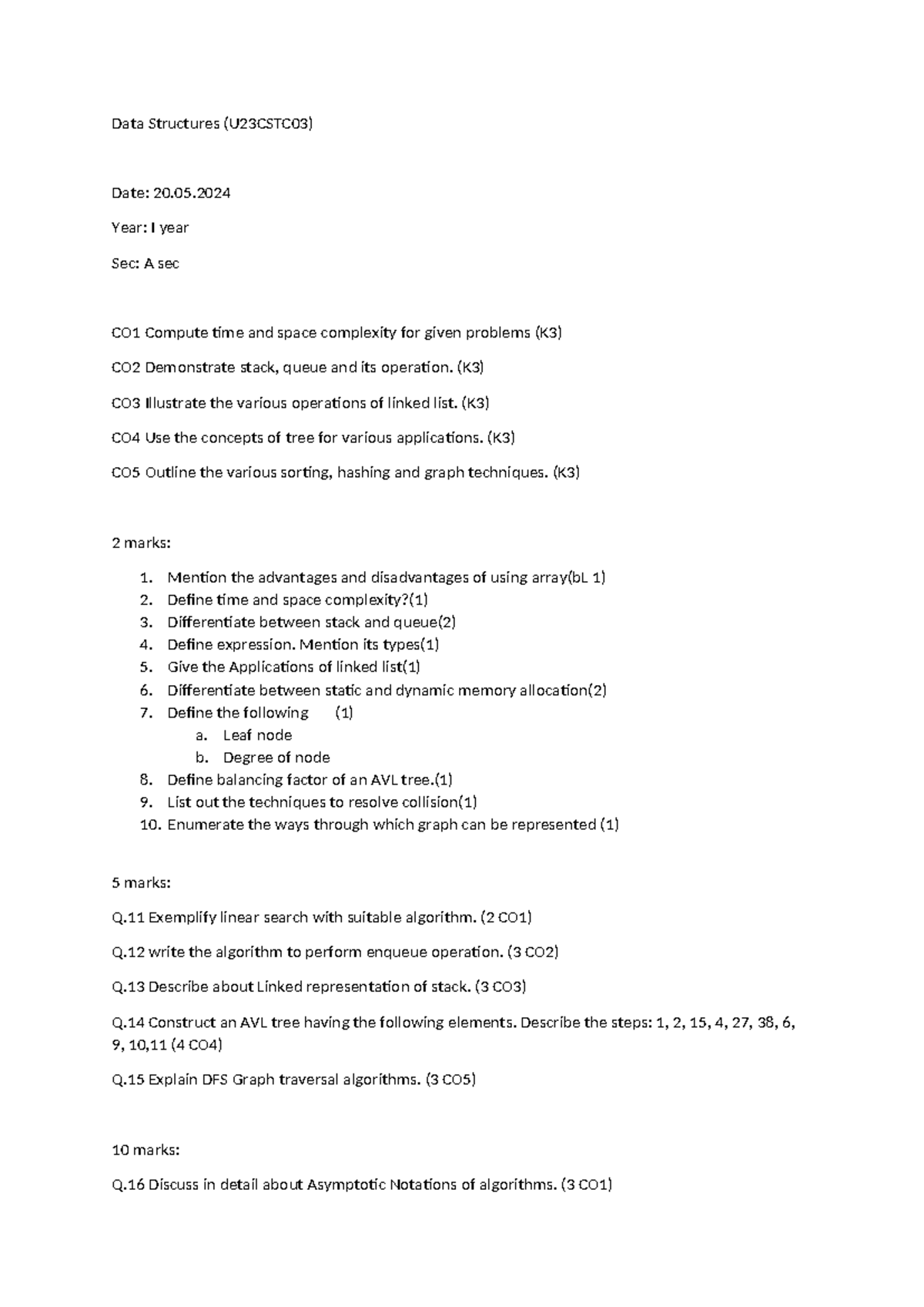 Data Structures U23CSTC03 - Question Paper for 1st Year, Sec A - Studocu