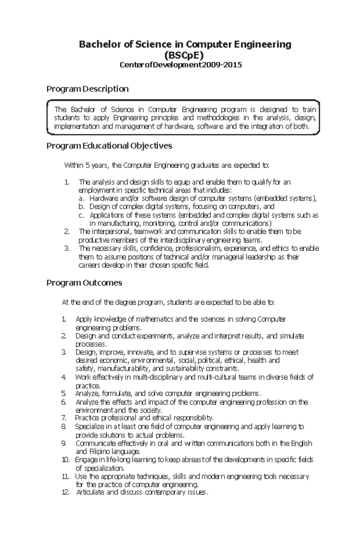 BSCpE Program Overview and Educational Objectives - Studocu