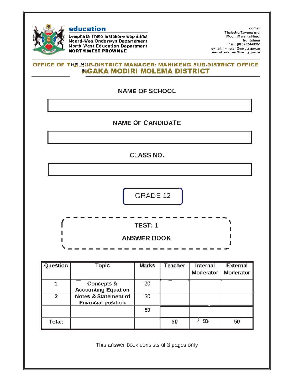 Grade 12 Accounting Test 1 Answer Book - North West Province - Studocu