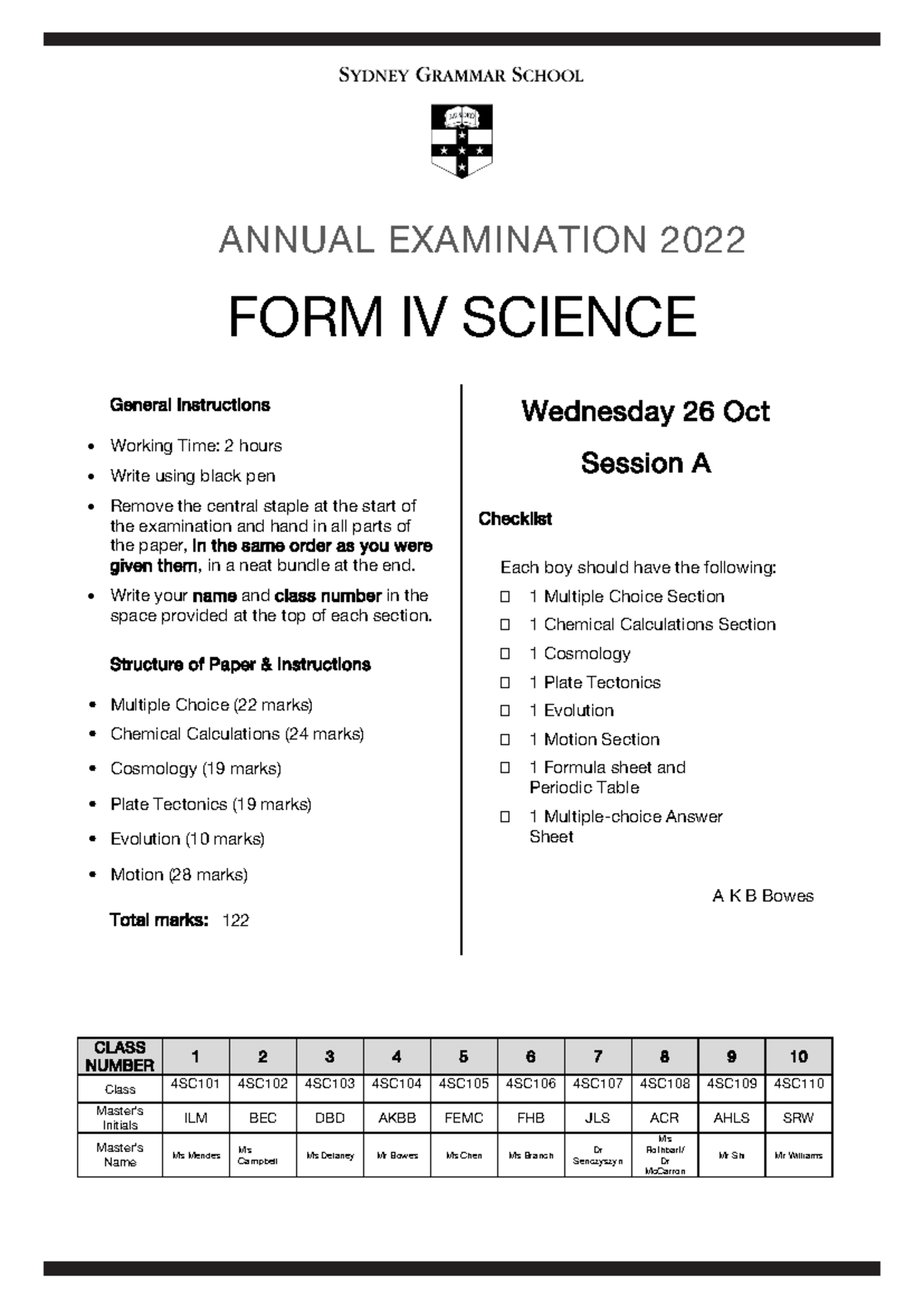 2022 Form IV Science Annual Examination Instructions and Questions ...