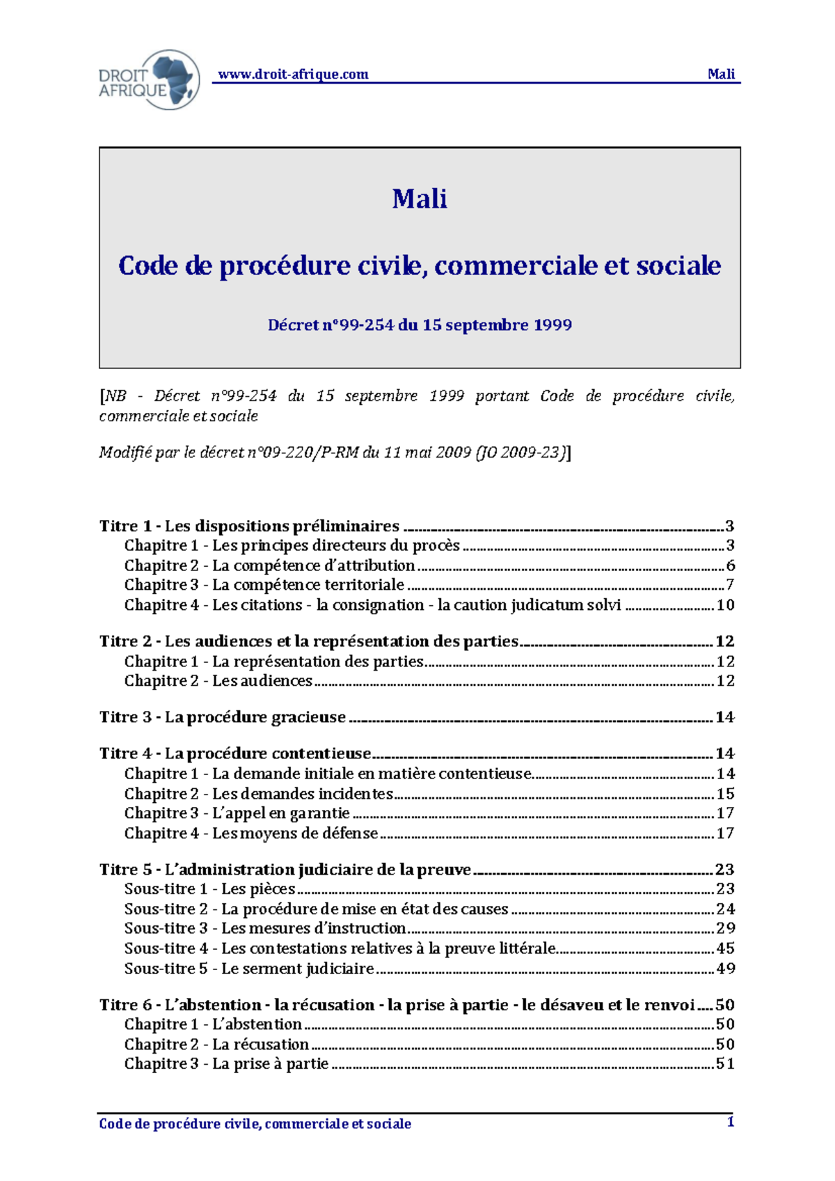 Mali Code de Procédure Civile 1999 (MAJ 2009) : Analyse et Commentaires ...