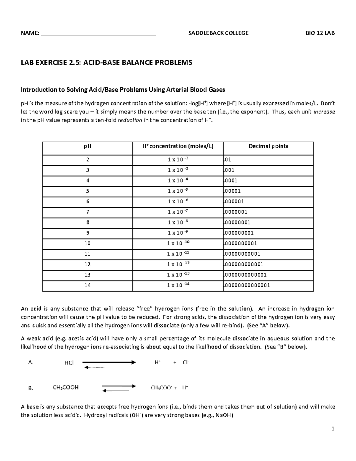 LAB Exercise 2.5 ACID-BASE Balance Problems - NAME ...