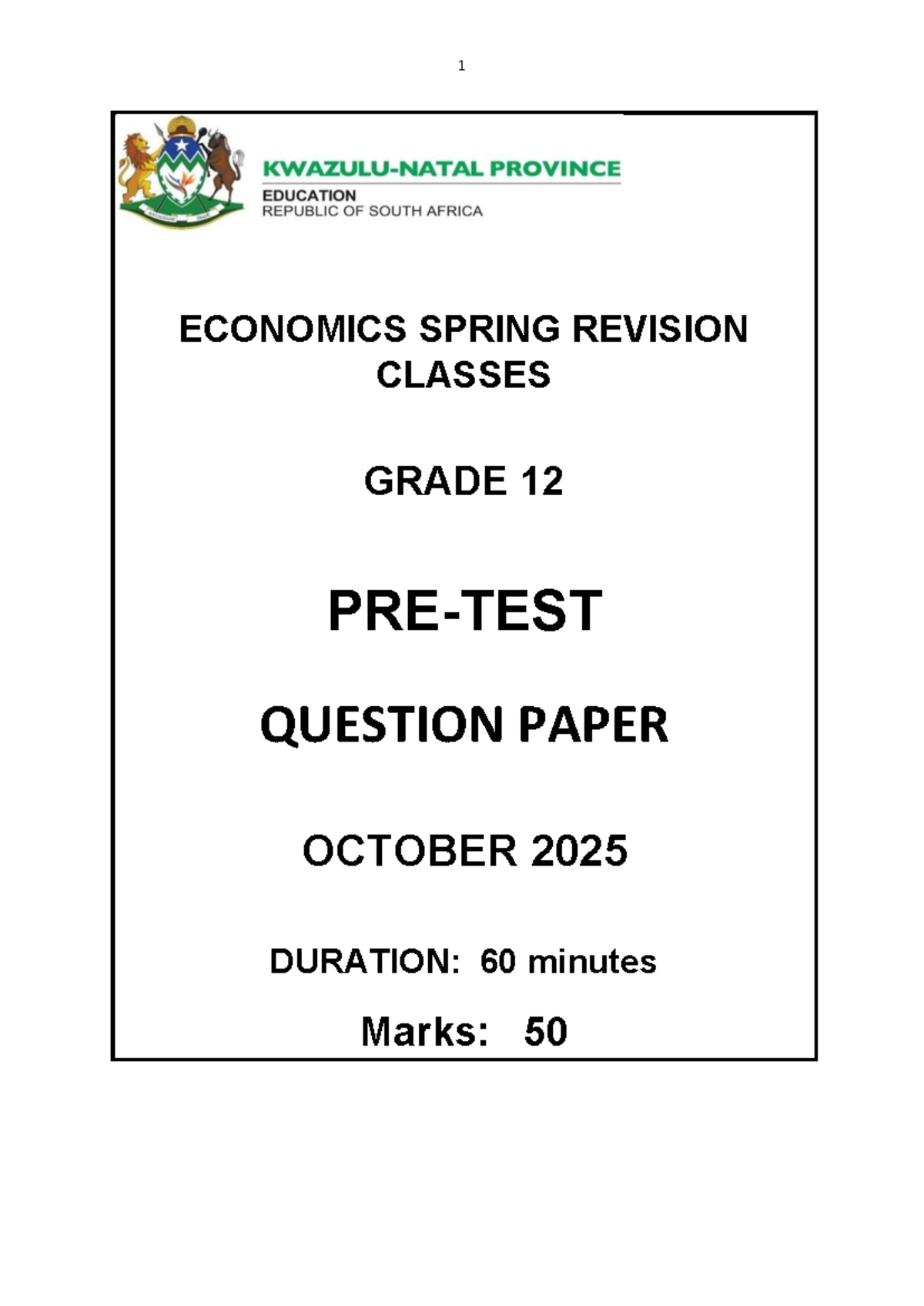 Economics Grade 12 Spring Revision Pre-Test Question Paper 2025 - Studocu