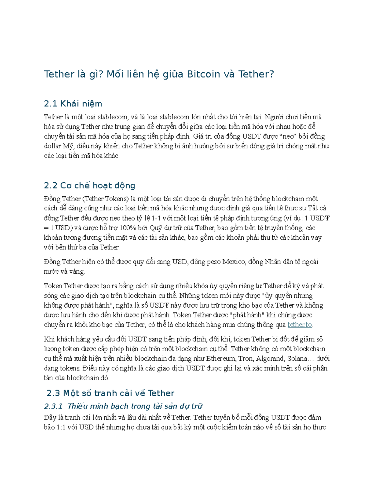 Tether và Bitcoin: Mối Liên Hệ Hỗ Trợ và Tranh Cãi - Studocu