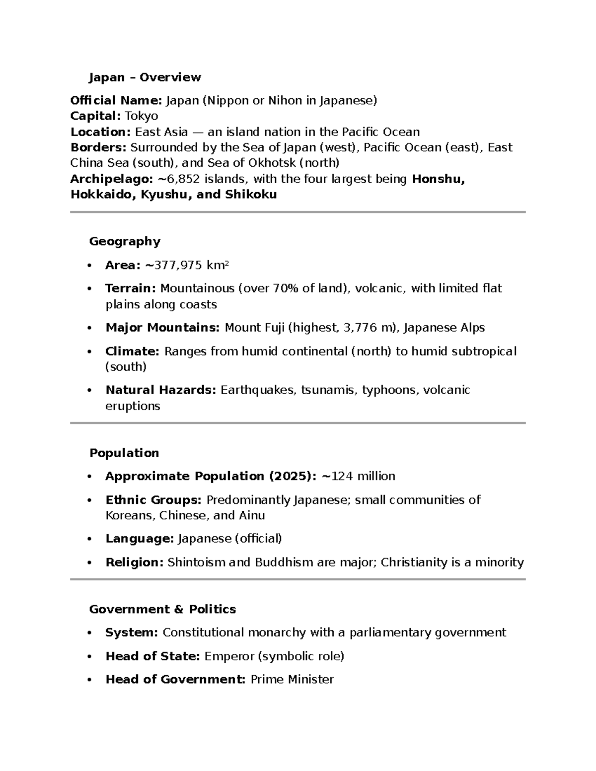 Japan Overview: Geography, Climate, and Government Details - Studocu