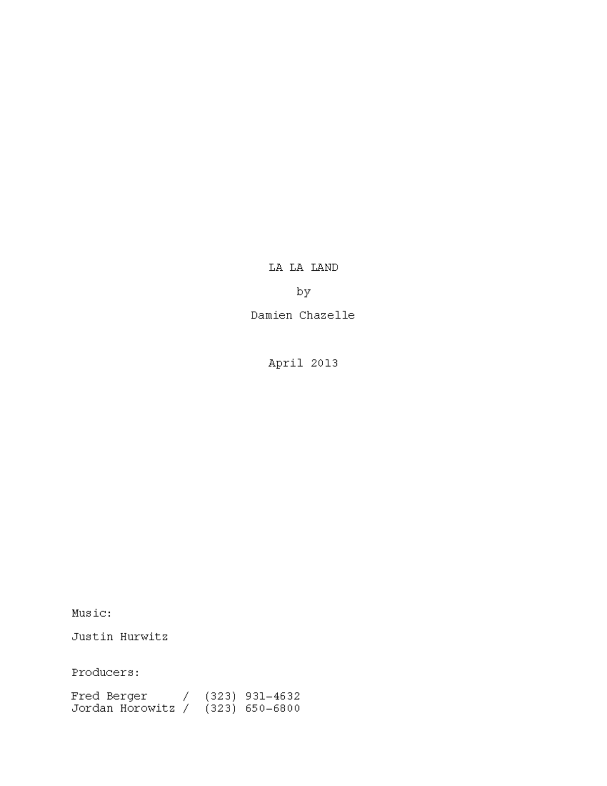 La La Land Script Analysis (Final Exam) - Course Code: ENGL 303 - Studocu