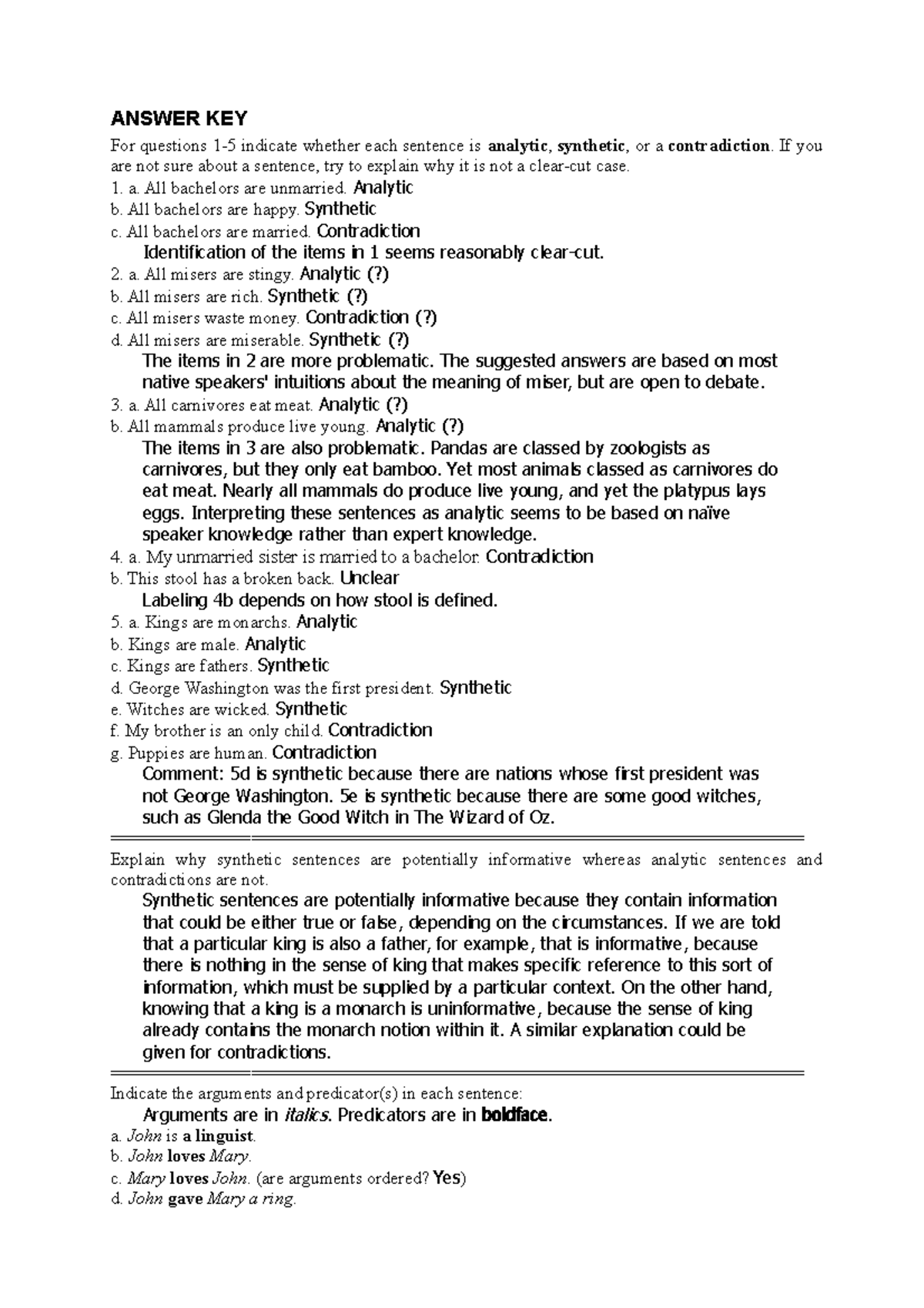 Sem3 Tut Extra Key - Revision of Analytic & Synthetic Sentences - Studocu