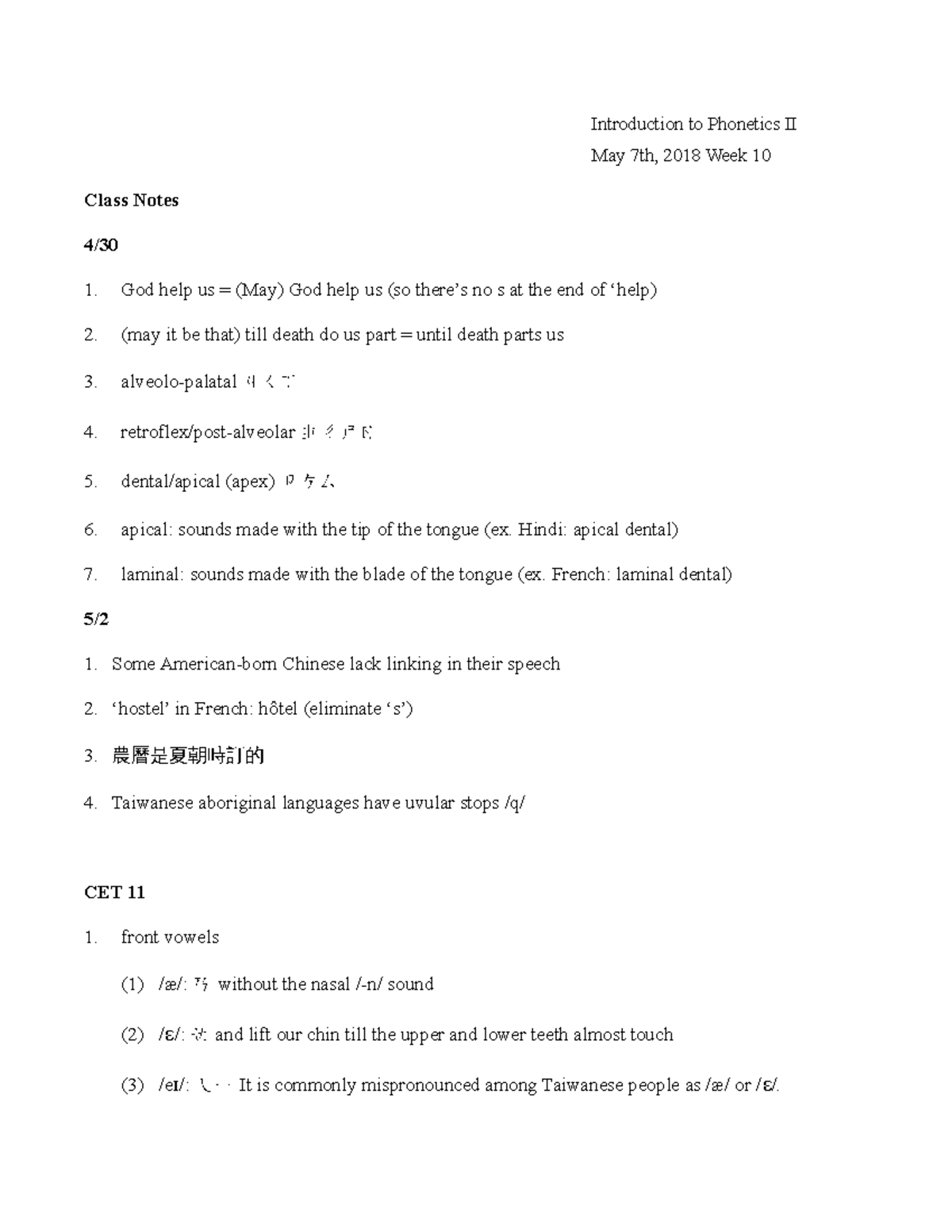 N IP notes week10 - Introduction to Phonetics II May 7th, 2018 Week 10 ...