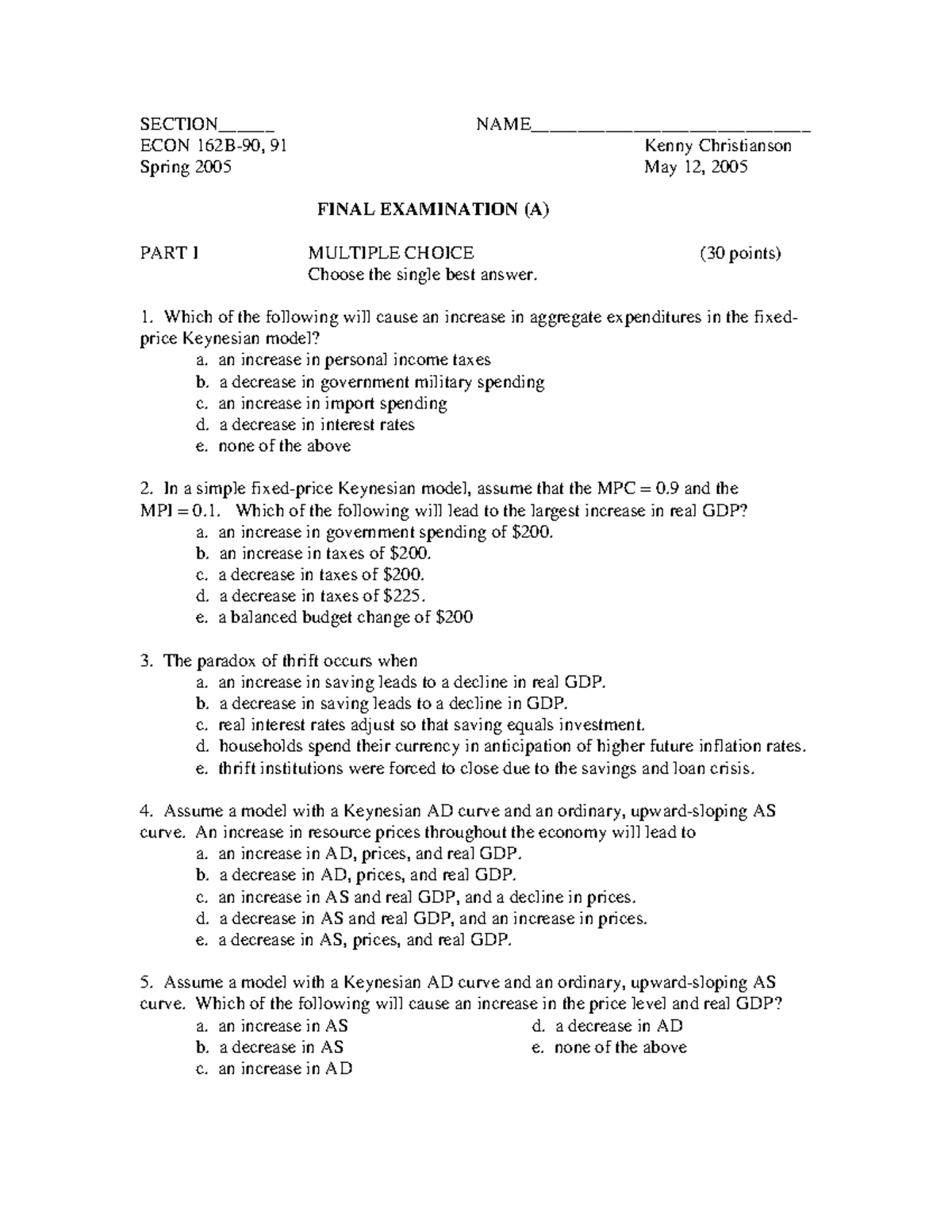 ECON 91 Spring 2005 Final Exam Review: Key Concepts & Questions - Studocu