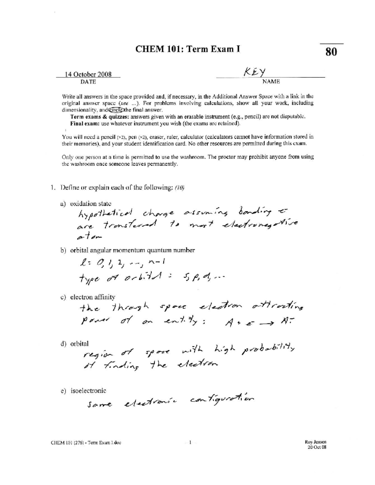 CHEM 101: Term Exam I Solutions - Key Concepts and Answers - Studocu