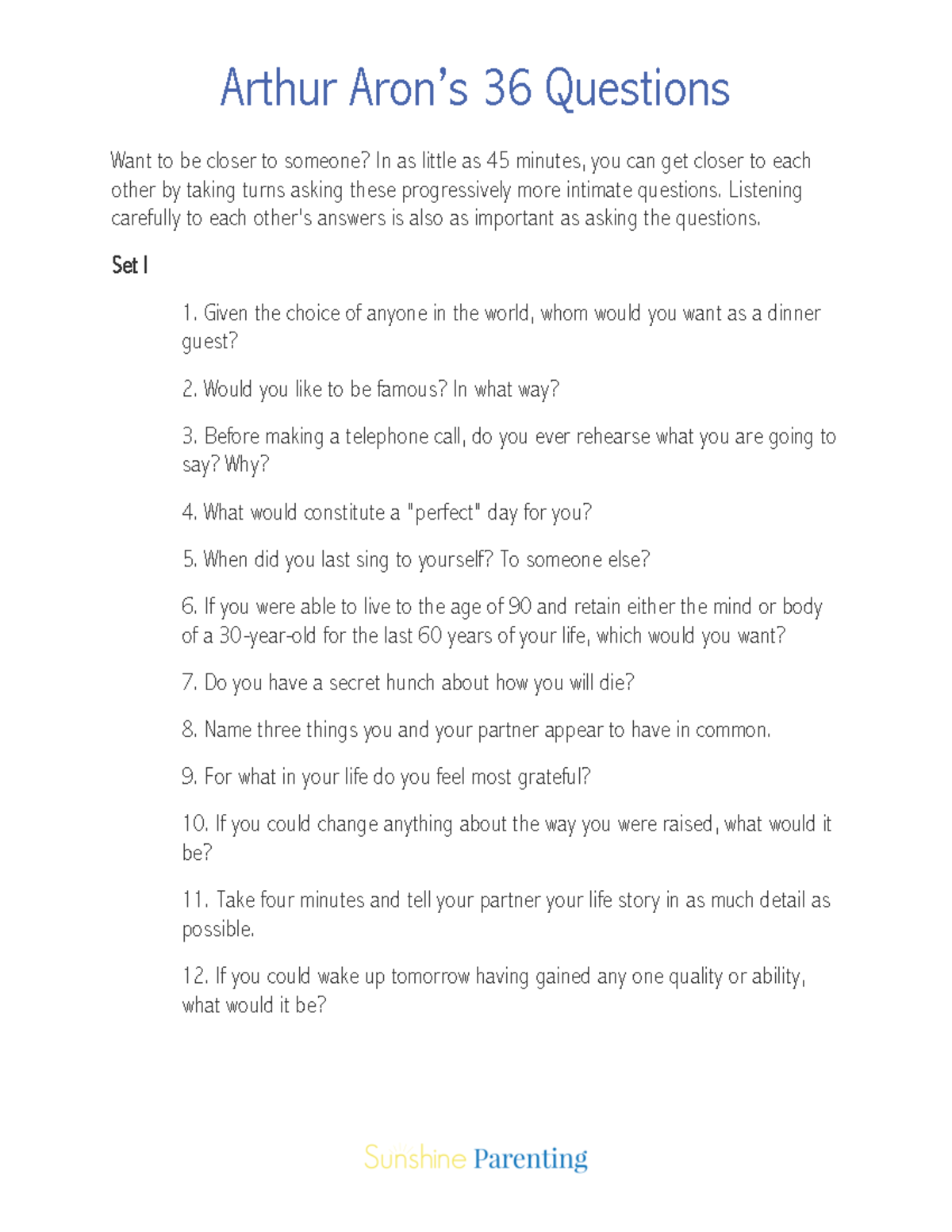 ASDDA: Arthur Aron’s 36 Questions for Deeper Connections - Studocu