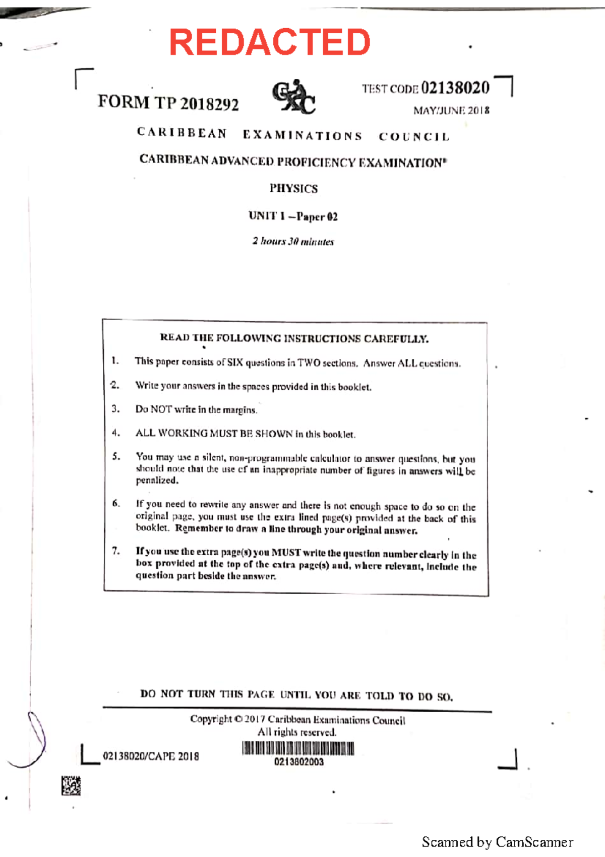 CAPE Physics 2018 Unit 1 Paper 02 Examination Guide - Studocu