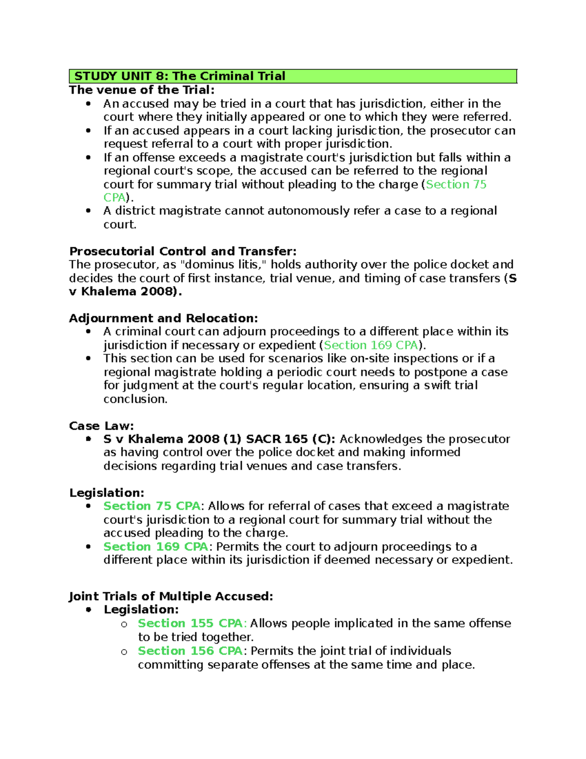 IURI 271: Summary of Criminal Trial Procedures and Jurisdiction - Studocu