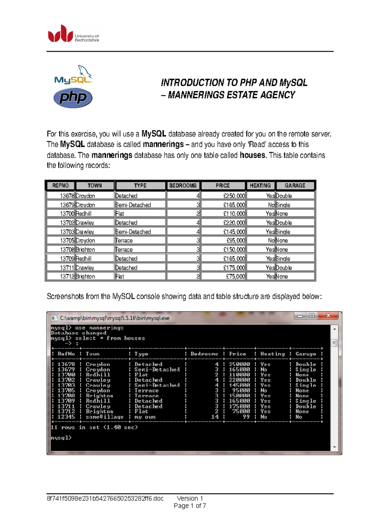 Activity Introduction to PHP and My SQL Mannerings Estate Agency ...