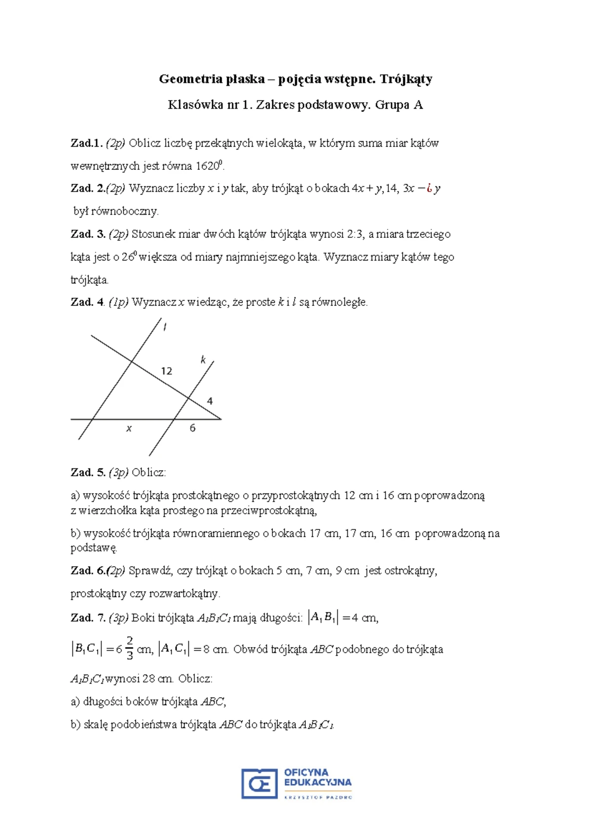 Sprawdzian Z Matematyki Klasa1 Gimnazjum Proporcje www.studocu.com
