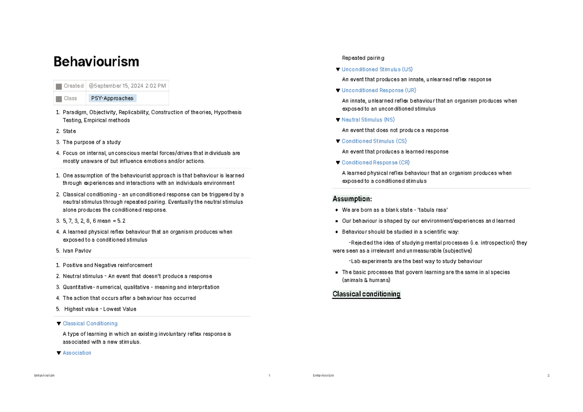 Behaviourism Overview: Key Concepts and Conditioning Principles - Studocu