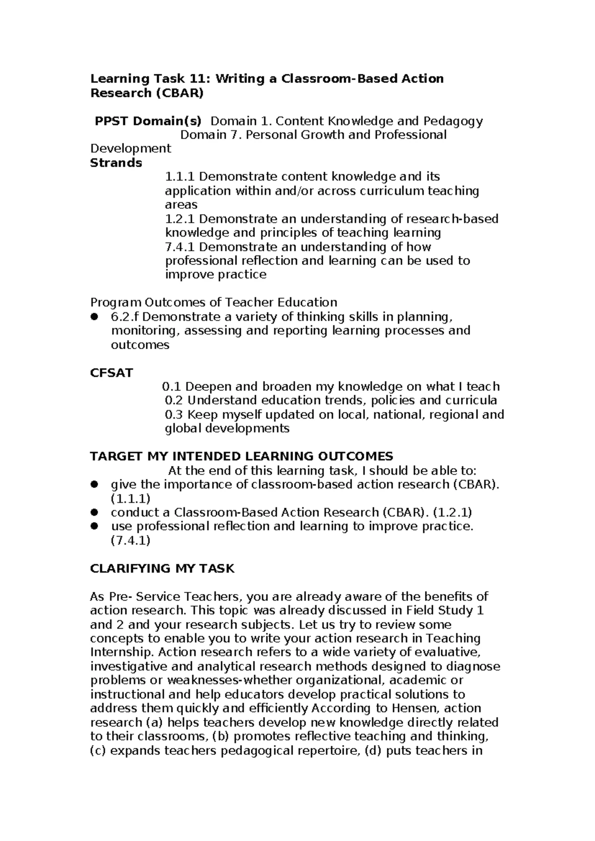 Learning Task 7: Assessment Practices for Teaching Internship - Studocu