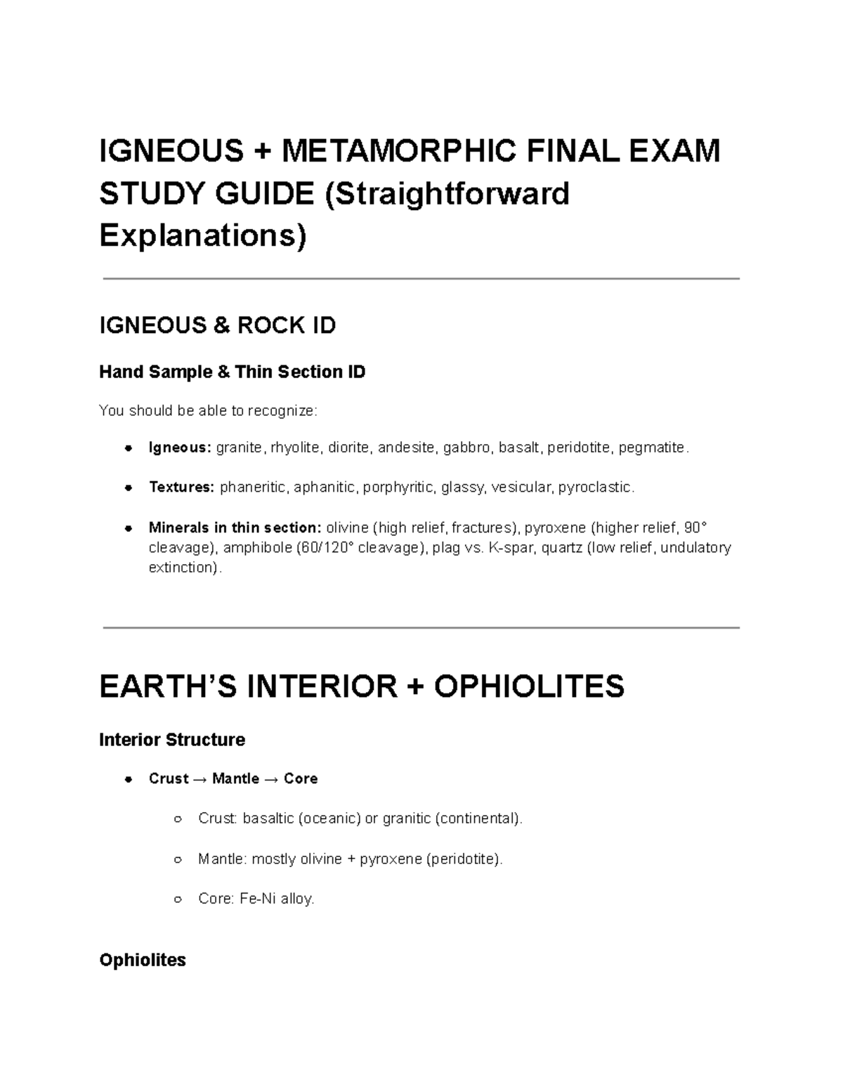 IGNEOUS + METAMORPHIC FINAL EXAM STUDY GUIDE - Studocu
