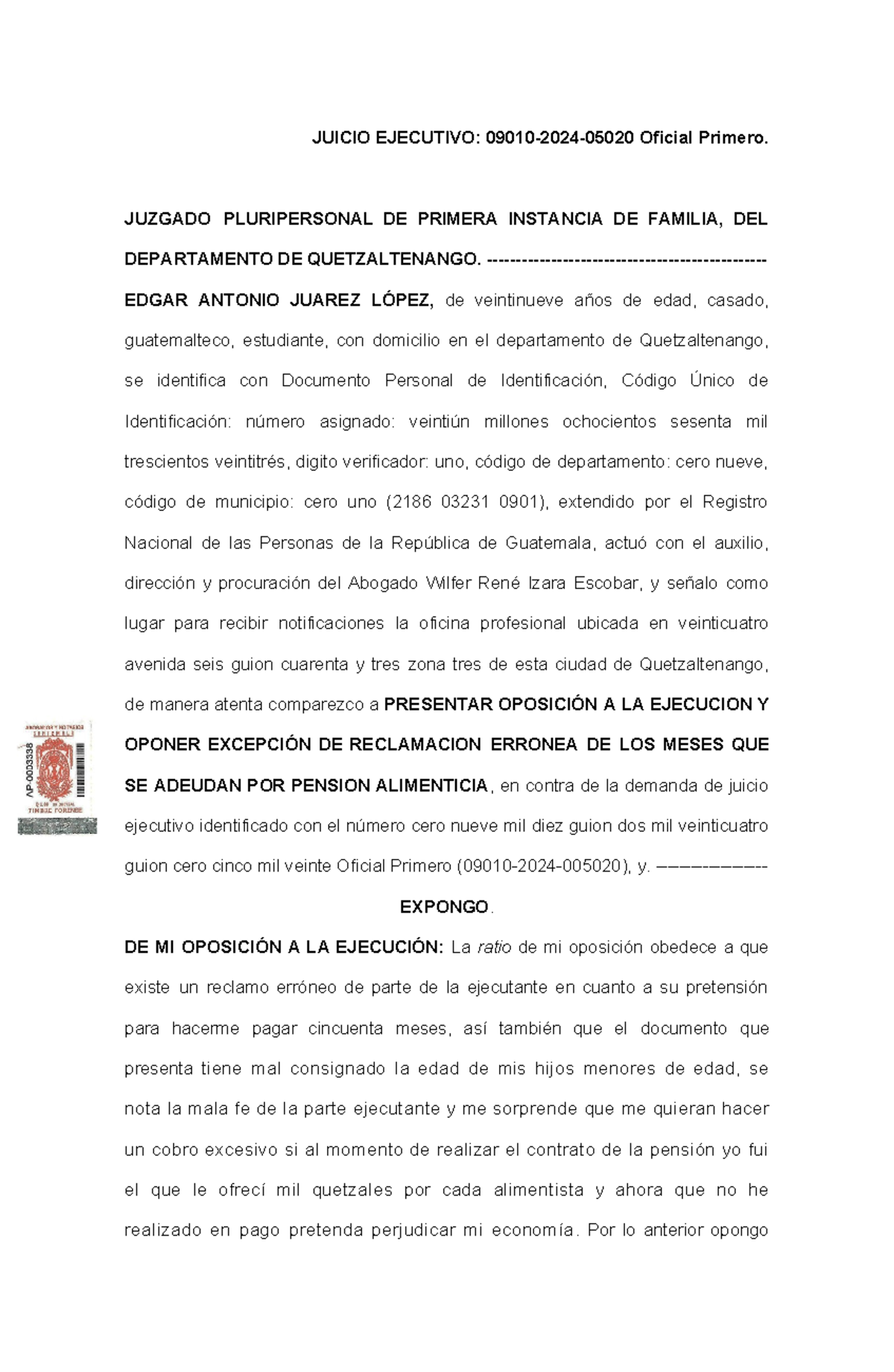 Oposición a Juicio Ejecutivo: Excepción de Reclamación Errónea - Document Preview