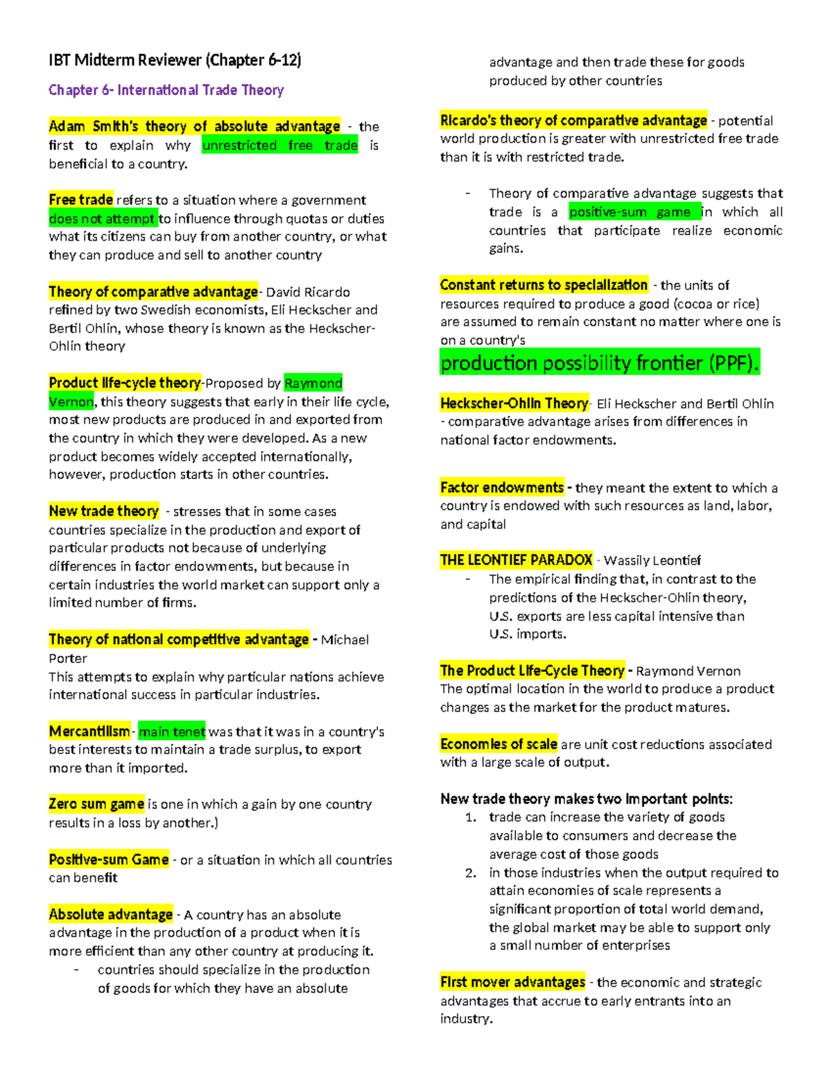 IBT Midterm Review: Key Concepts in International Trade (Ch 6-12) - Studocu