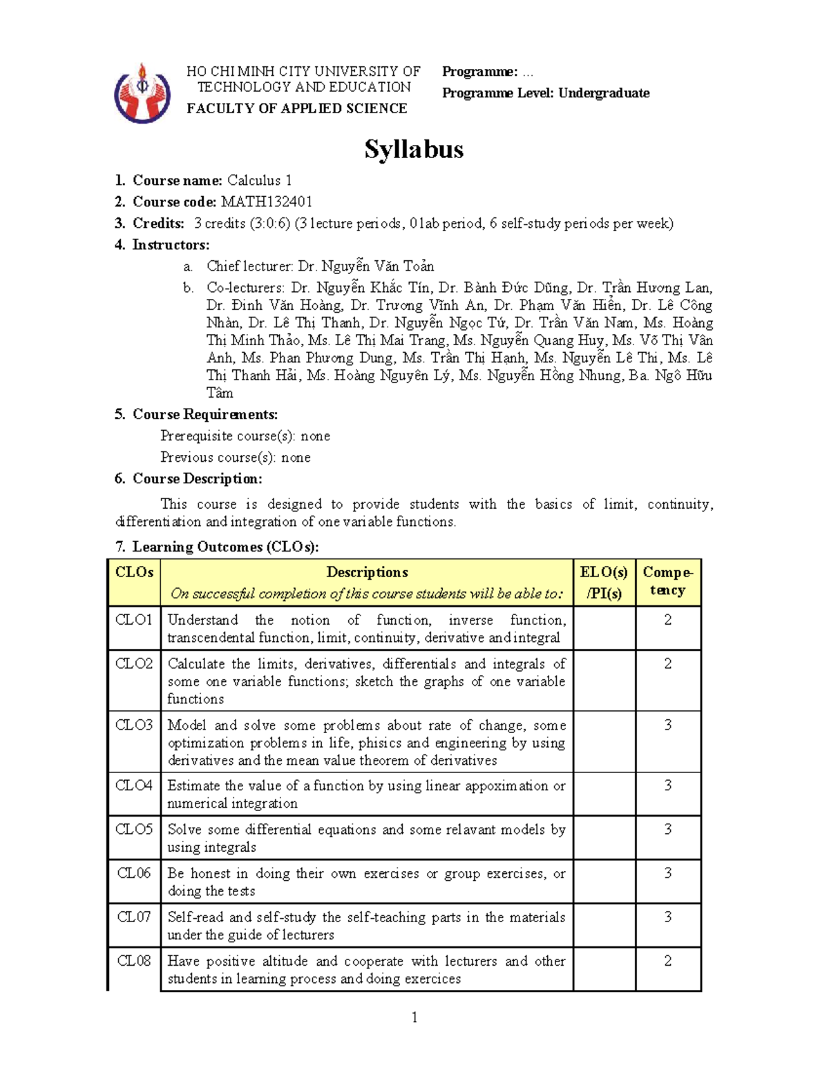 Syllabus for Calculus 1 (MATH132401) - HCMUTE - Studocu