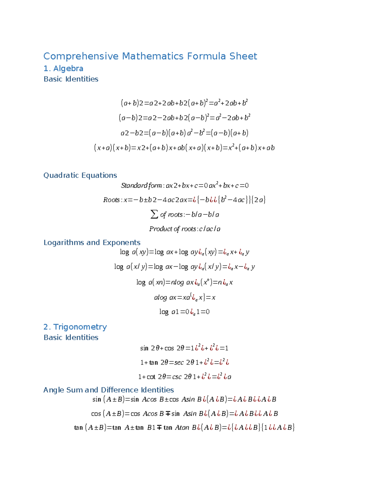 Comprehensive Mathematics Formula Sheet - Algebra Basic Identities (a+ ...