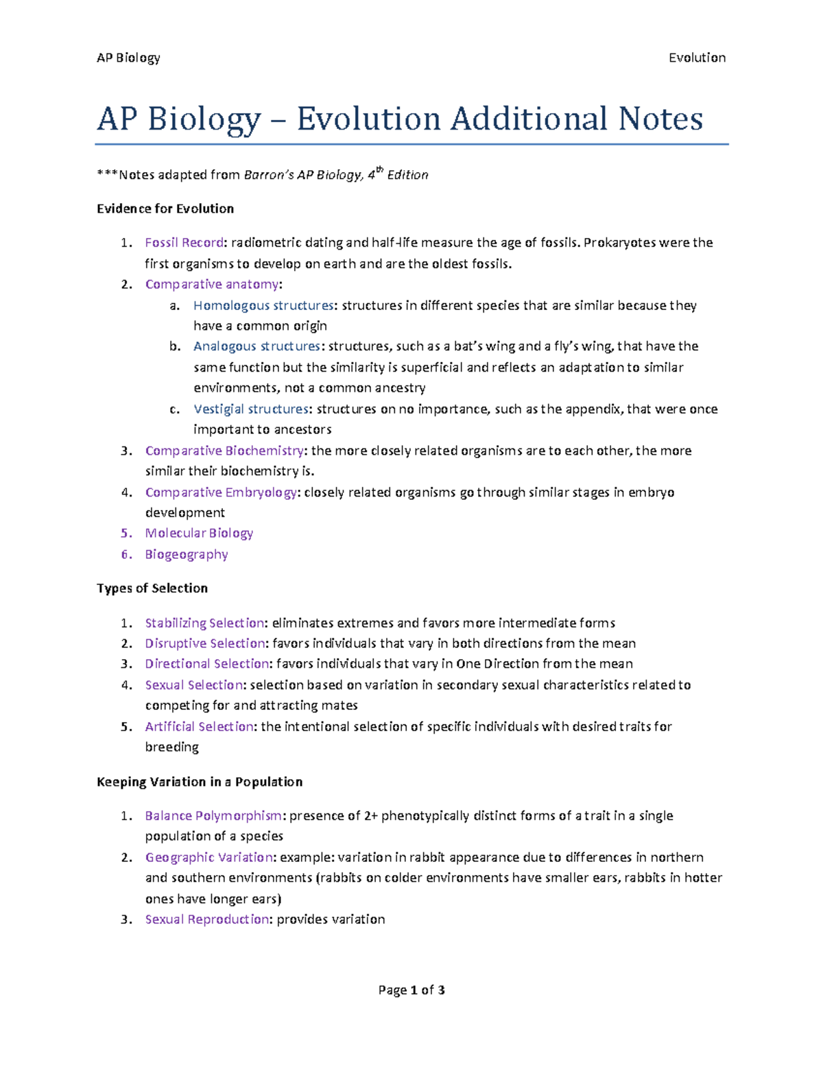 AP Biology Evolution: Additional Notes on Evidence and Mechanisms - Studocu
