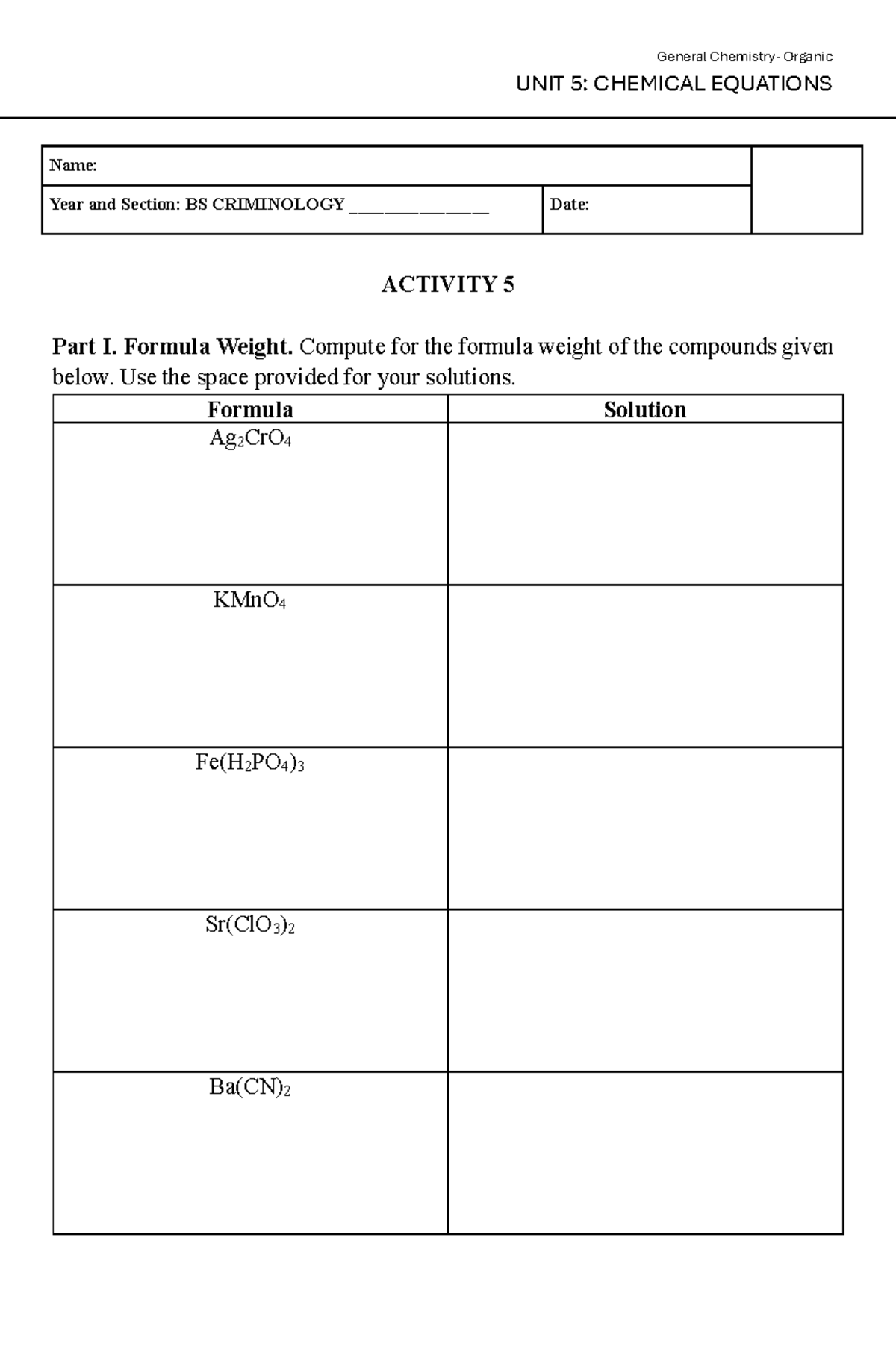 General Organic Chemistry UNIT 5: Chemical Equations Activity Notes ...