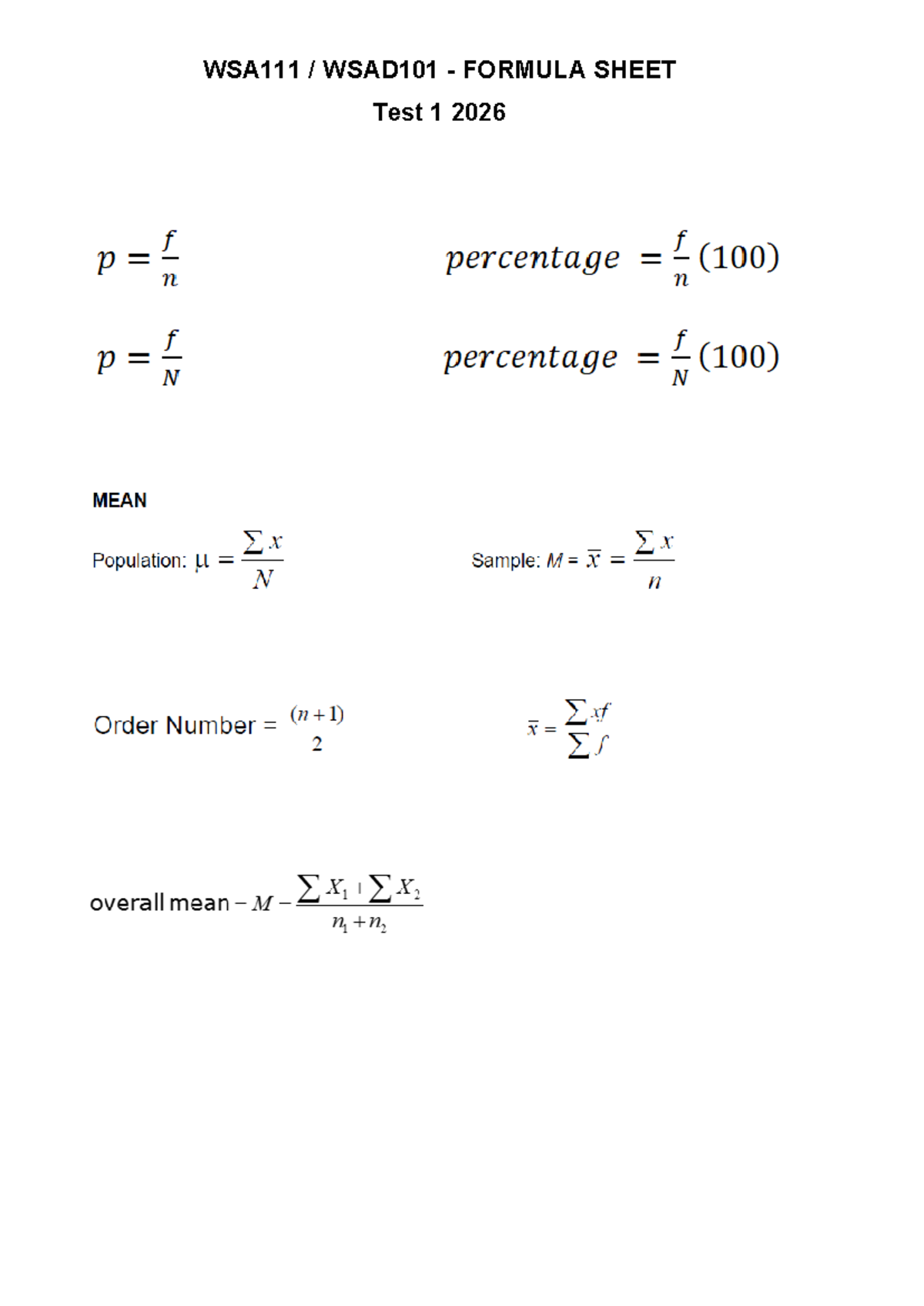 WSA111 / WSAD101 - Test 1 Formula Sheet - Studocu