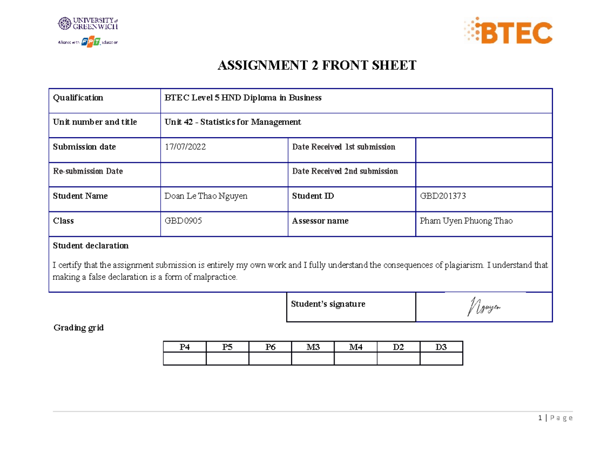 Asm2 - Nothing - ASSIGNMENT 2 FRONT SHEET Qualification BTEC Level 5 ...