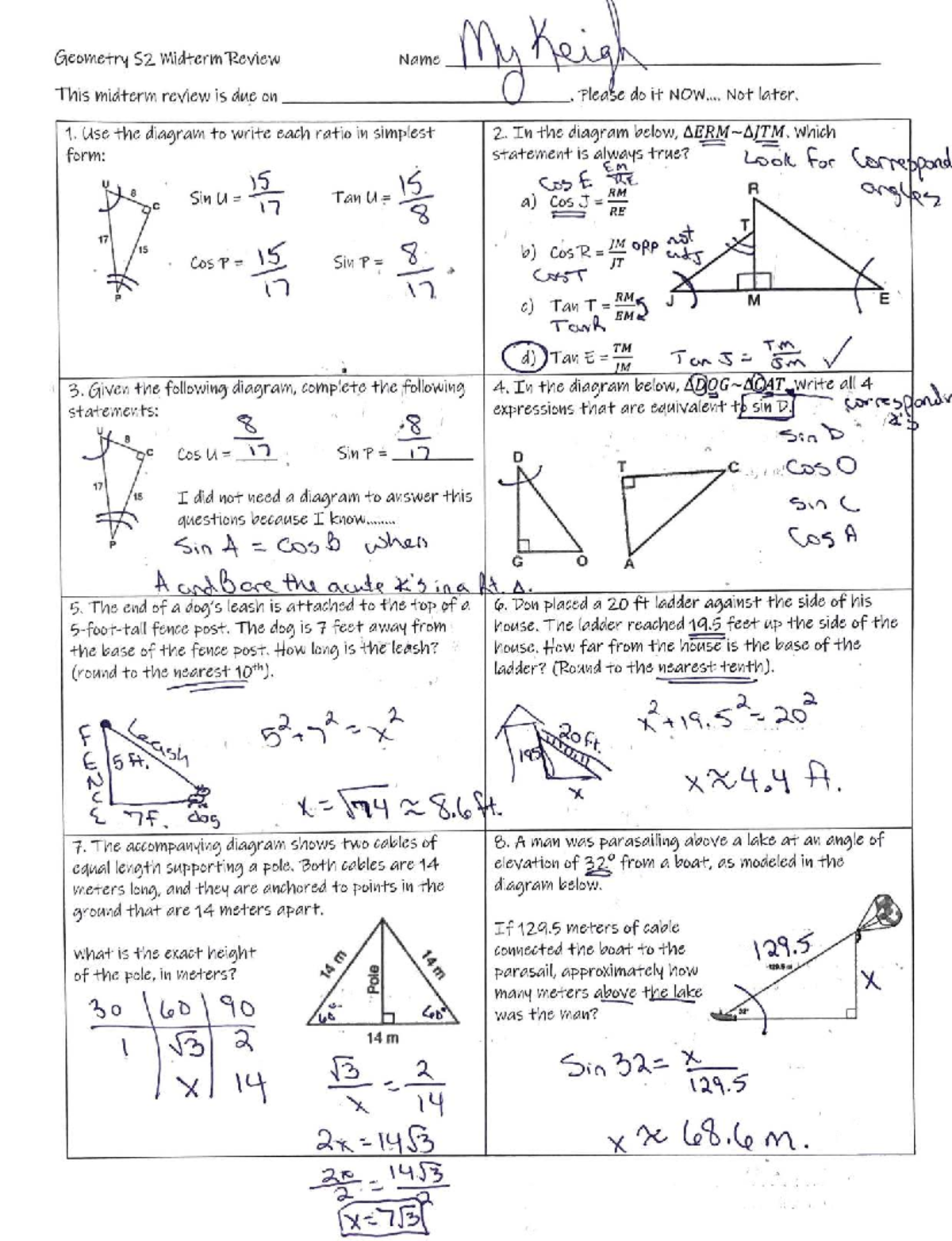 S2Midterm Review Ans Key - Geometry S2 Midterm Review Name MyKeigh This ...
