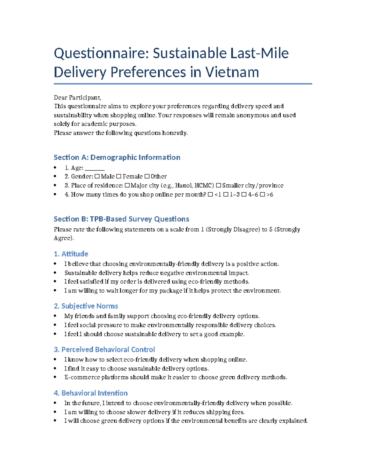 TPB Questionnaire: Sustainable Delivery Preferences in Vietnam - Studocu