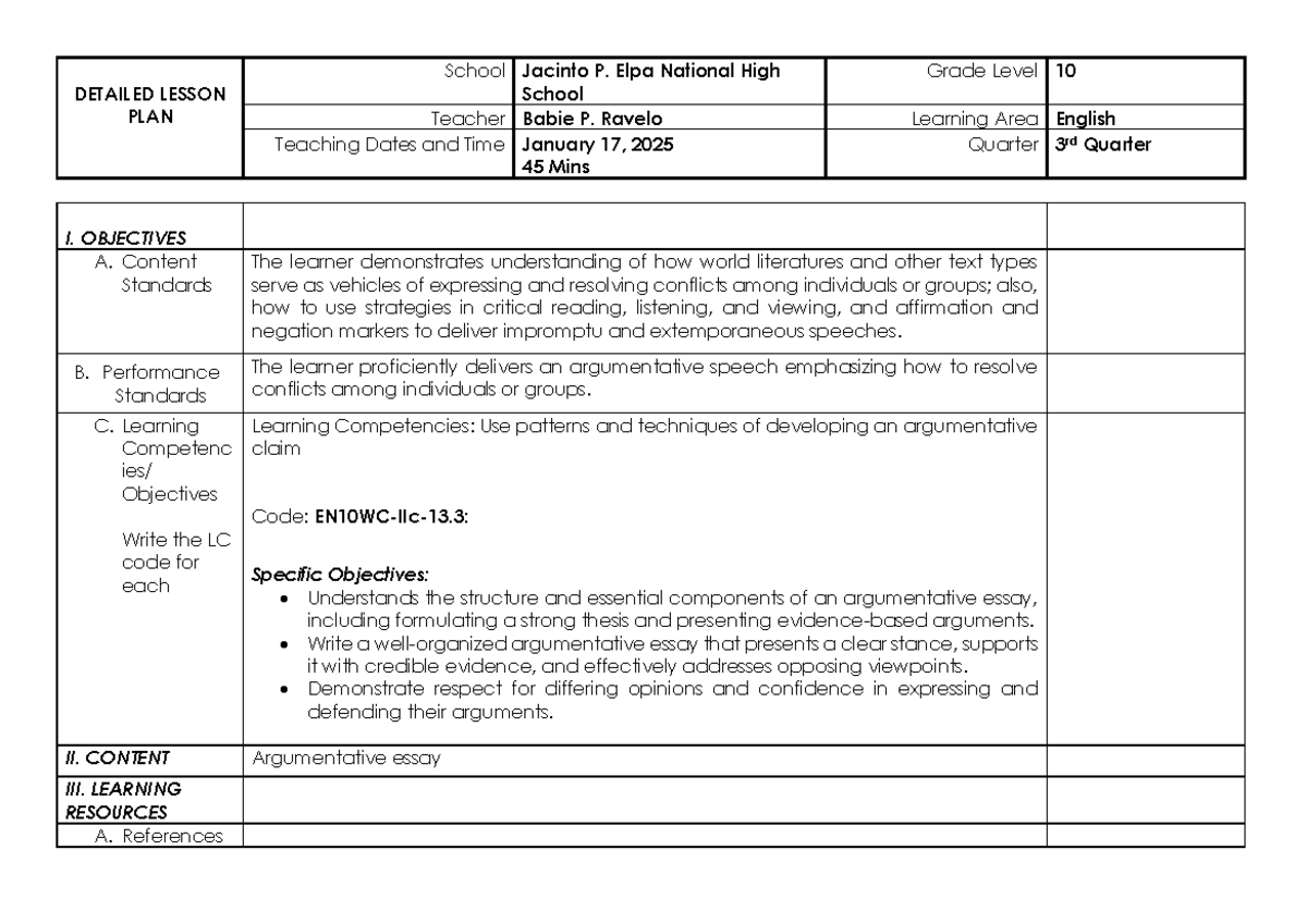 DLP Argumentative Essay - DETAILED LESSON PLAN School Jacinto P. Elpa ...